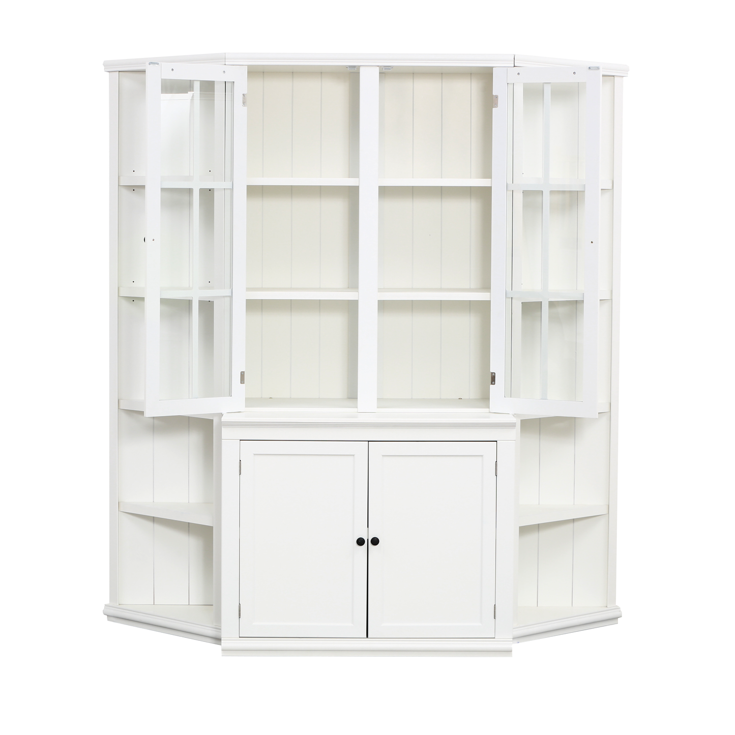 75.25'' Tall Display Cabinet and Two Triangle Sided Bookshelves, 69.25'' Wide Retro Style Wall Suit with Glass Doors, for Hallways, Living room, Office, Studio or Workspace - White
