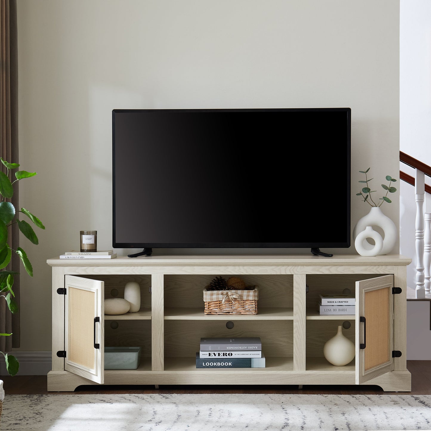 Farmhouse Rattan TV Stand Console Table for TVs up to 70 Inches, TV Console Table with 2 Storage Shelves, 2 Natural Rattan Door Cabinets,65'W*15.55'D*23.86'H, White