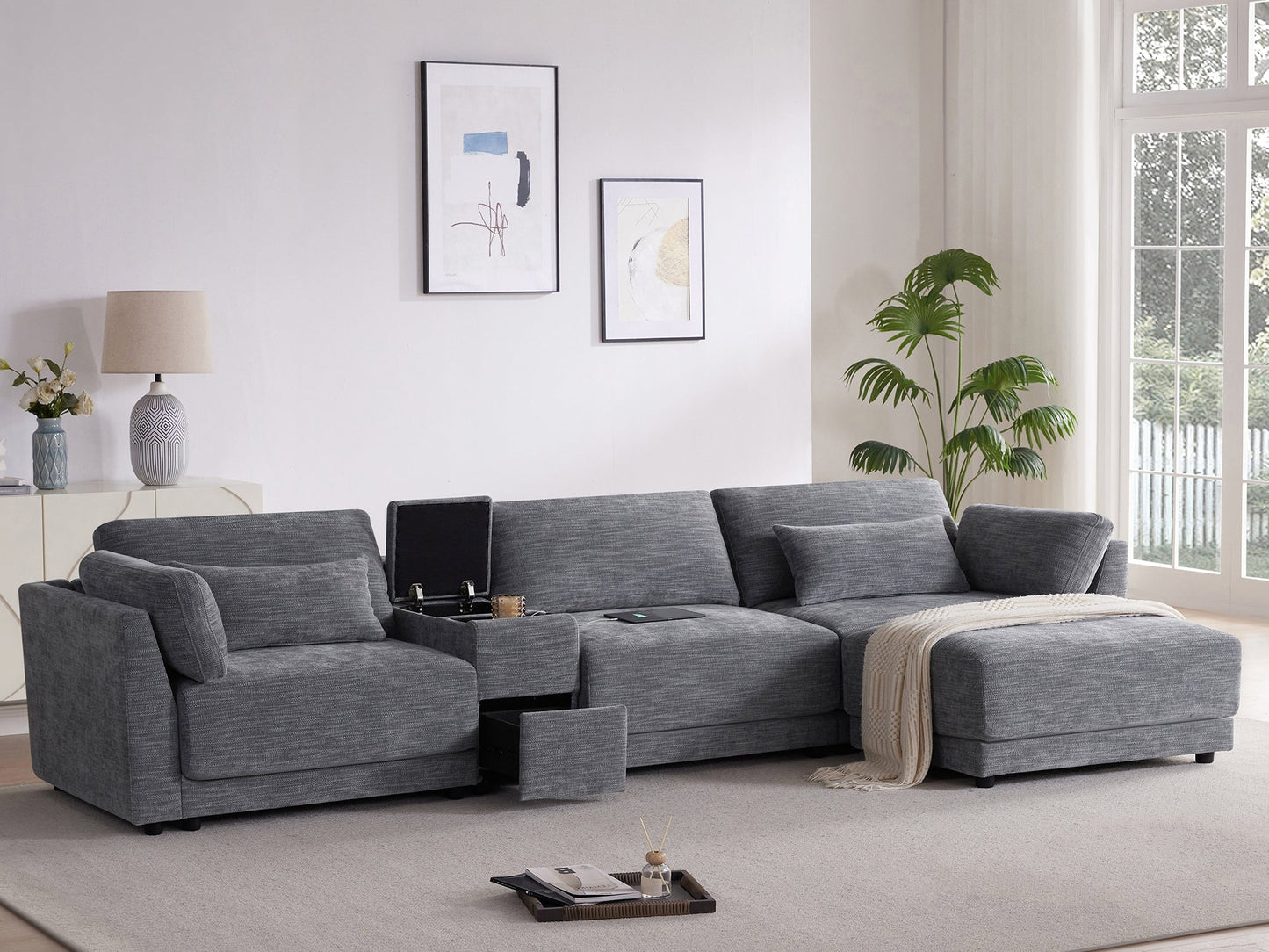 [VIDEO+NEW]124'' Modular Sectional Sofa with Storage Console and Movable Ottoman,33'' Wide Seat,4 Seat L Shaped Chenille Couch,Reversible Comfy Sofa with USB Charger for Living Room,Apartment,2 Colors