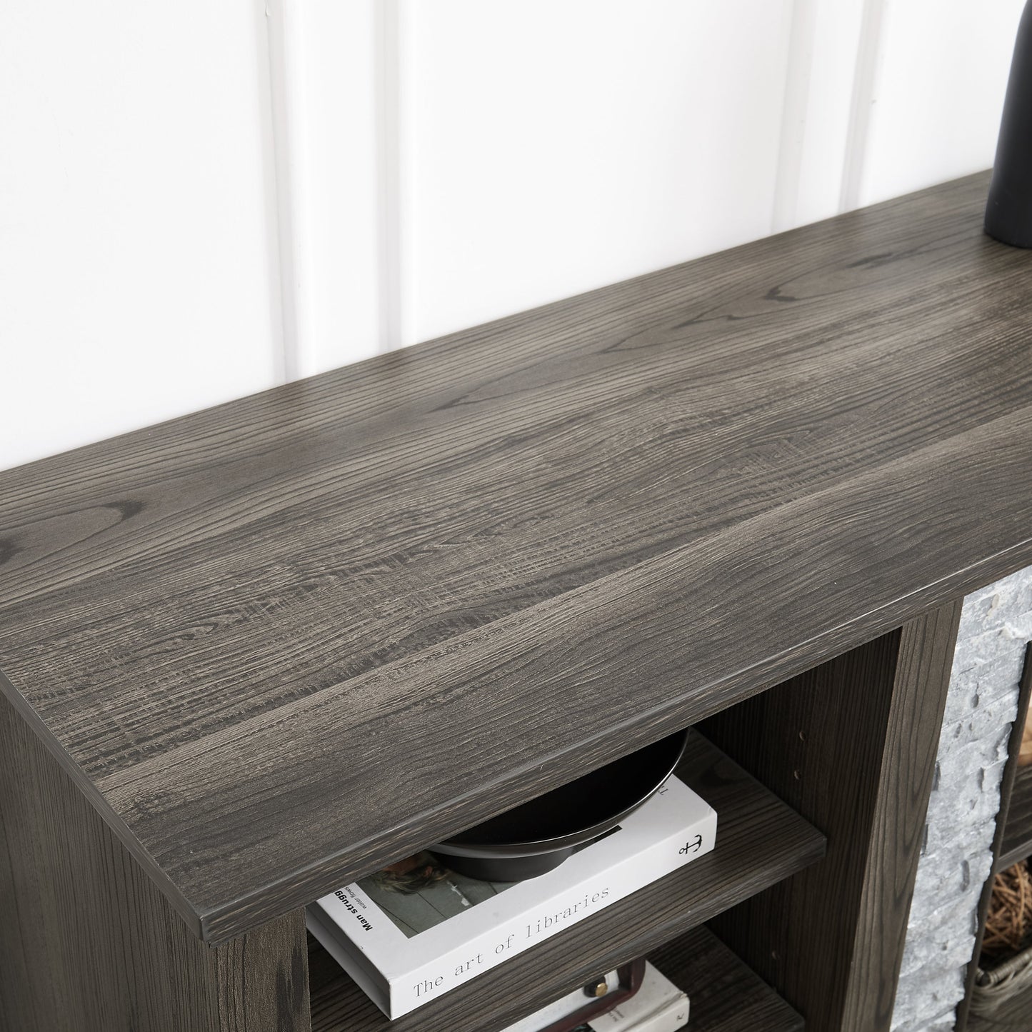 Large TV Stand TV Desk Storage Rack with Faux Stacked Stone Surround,Media Console Table with Large Storage Cabinet,Modern TV Media Entertaionment Stand,GREY, 70.12'W*15.35'D*25.83'H