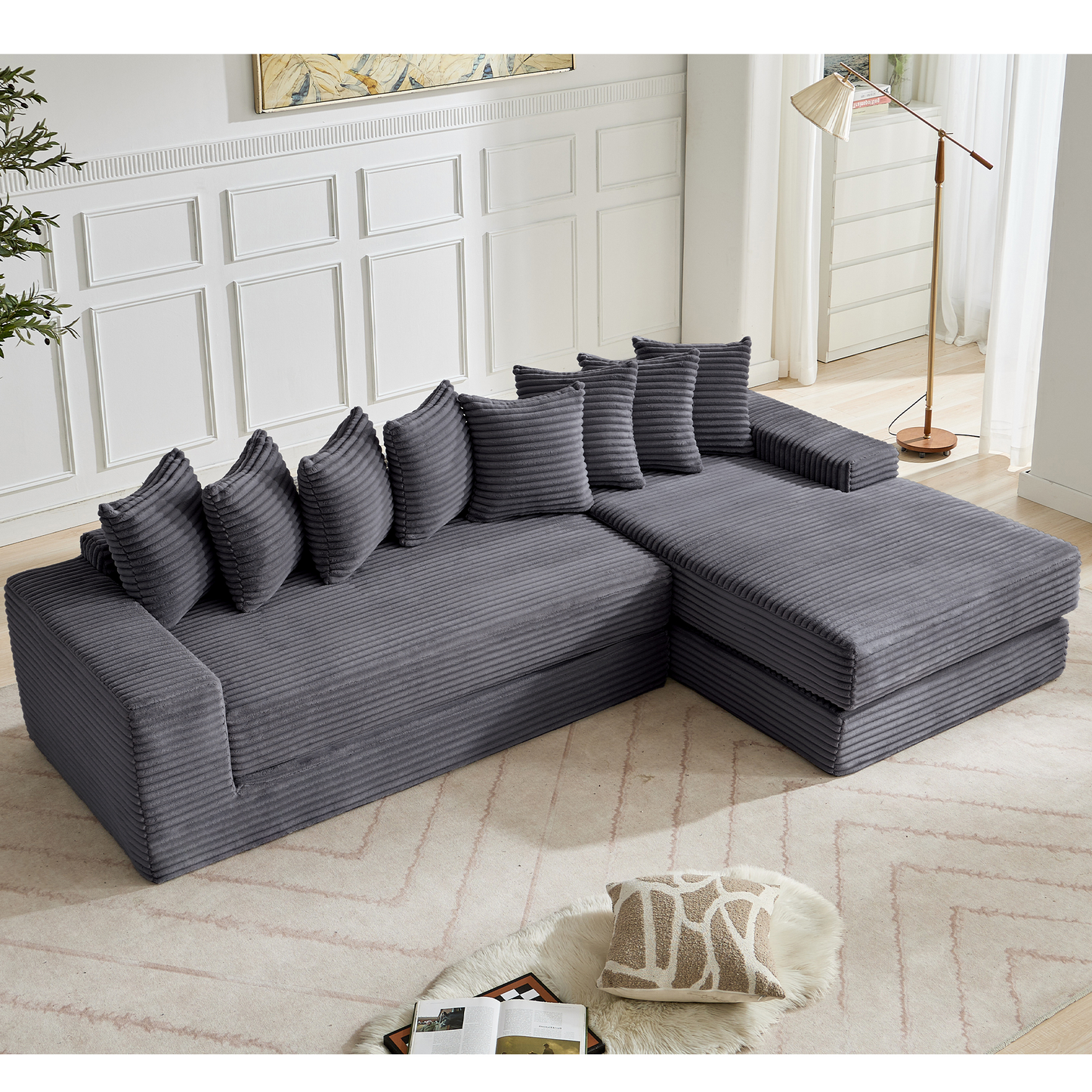 [NEW ARRIVED] [VIDEO PROVIDED] Oversize Cloud Couch, L-Shape Sofa, Convertible Floor Sleeper Sofa Bed, No Assembly ,Eight pillows,3-in-1,Magazine bag,(Right Facing Sofa),3 Seat,Corduroy,Dark Gray