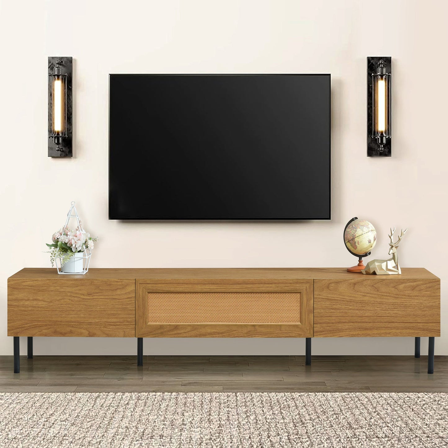 Boho TV Stand for TVs up to 80'' , Modern Farmhouse Media Console, Entertainment Center with Metal Legs, TV Cabinet for Living Room, Home Theatre