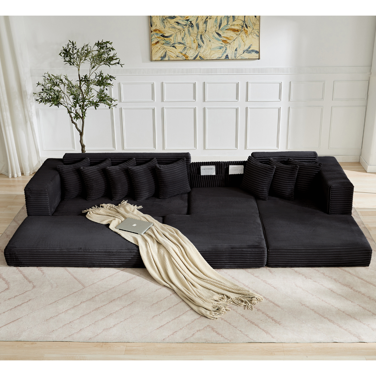 [NEW ARRIVED] [VIDEO PROVIDED] Oversize Cloud Sectional Couch, L-Shape Sofa, Convertible Floor Sleeper Sofa Bed, No Assembly,Eight pillows,3-in-1,Magazine bag,(Right Facing Sofa),3 Seat,Corduroy,Black