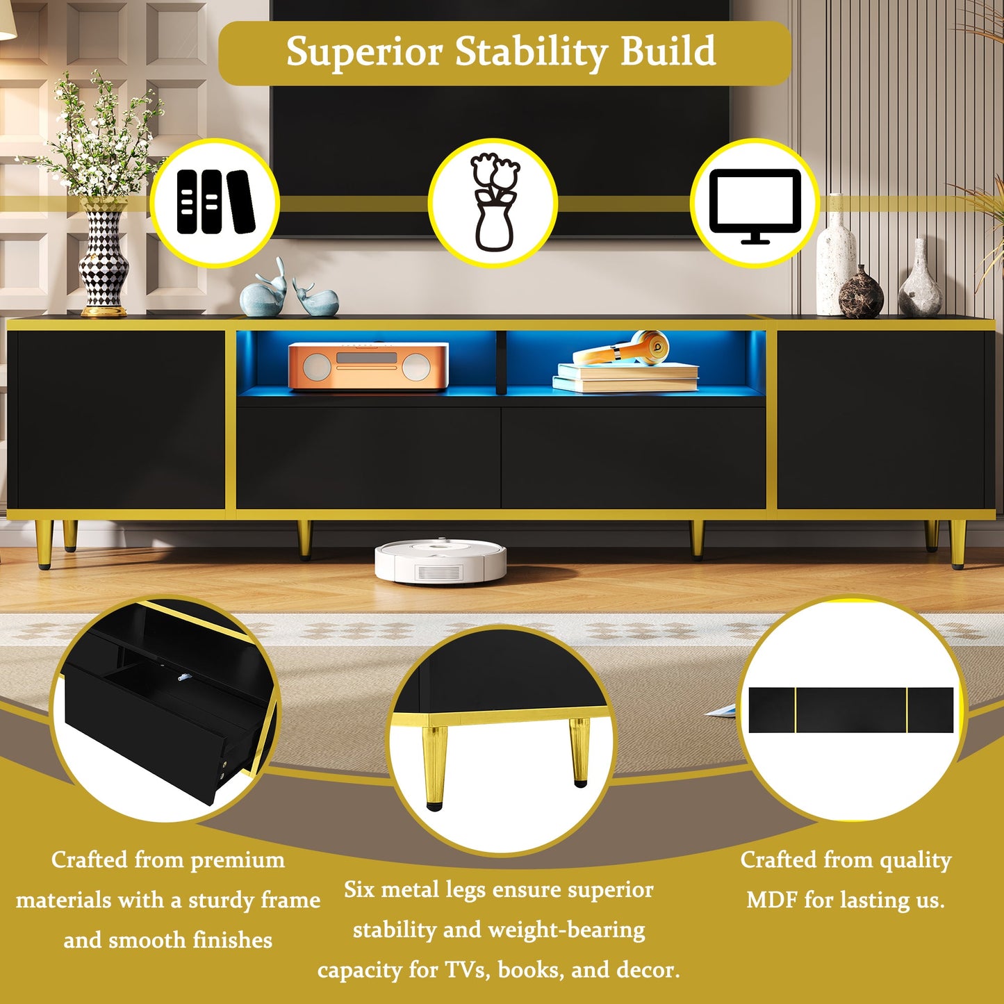 U-Can 70.9'' Modern TV Stand for TVs up to 80 Inches, Entertainment Center with 2 Shelves and LED Lights, TV Storage Cabinet with 2 Drawers, 2 Cabinets and Metal Legs for Living room