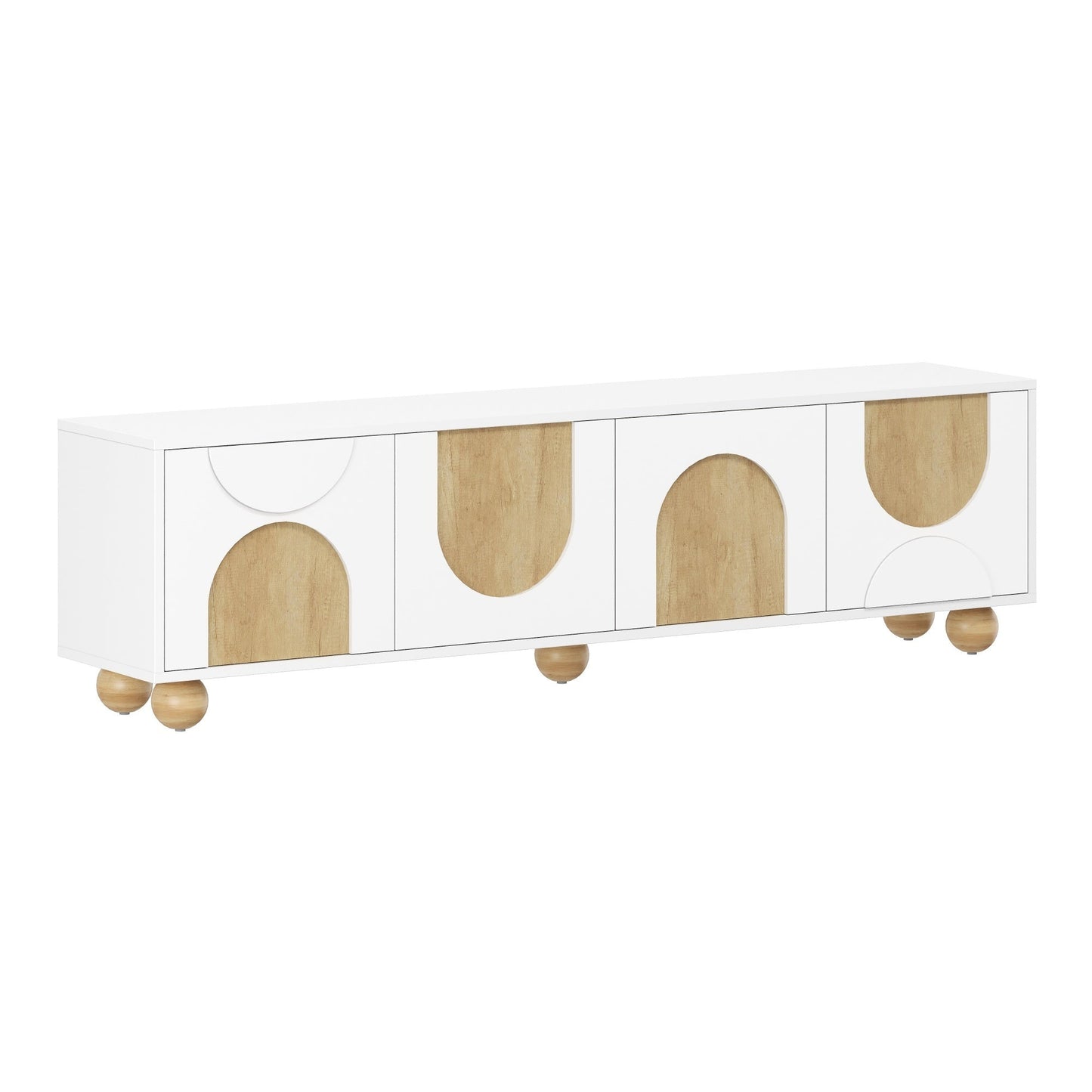 Farmhouse TV Stand with Cable Holes for TVs up to 75', Cream Style Media Console with Rebound Device, Elegant Entertainment Center with 5 Solid Wood Legs for Living Room, Bedroom, White, 69.6'W