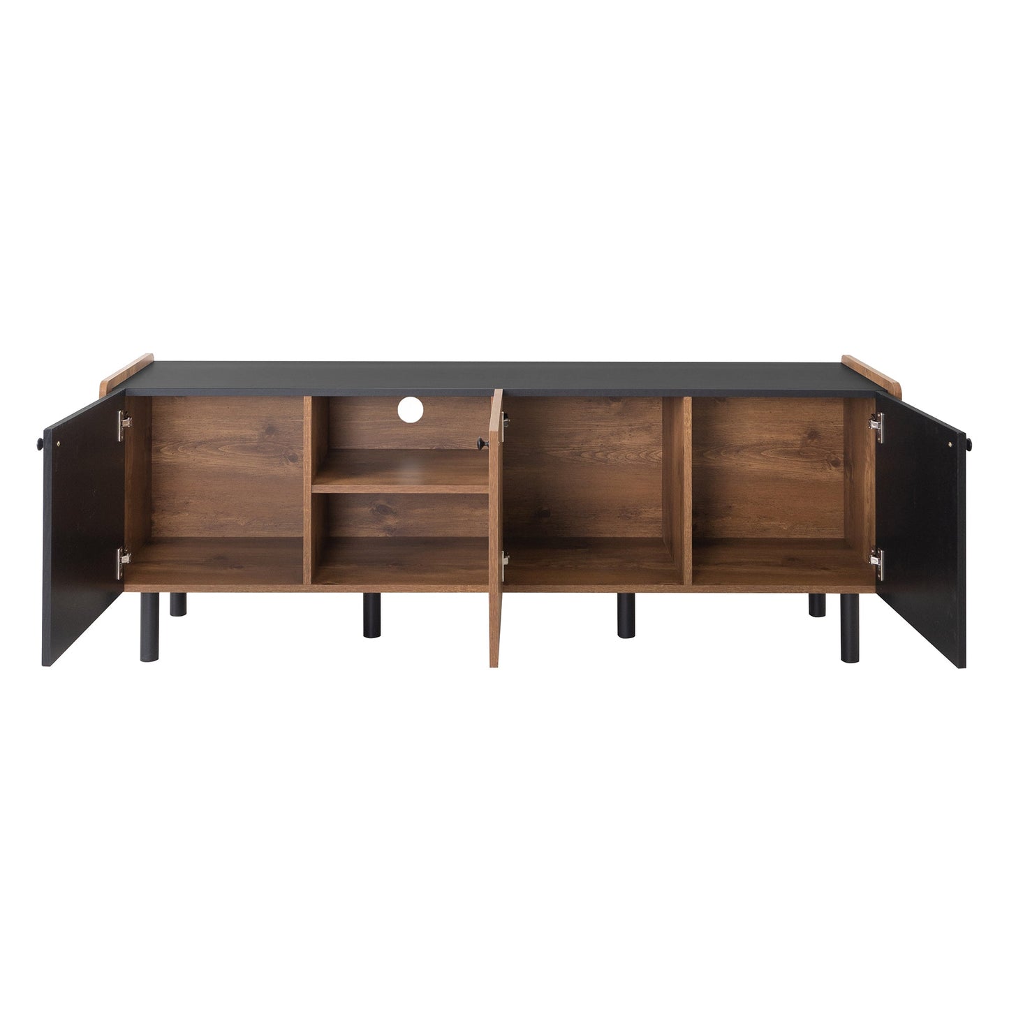 Mid Century TV Stand with 3 Cabinets, Media Console Table for TVs up to 70'', Entertainment Center with Storage for Living room, Bedroom, Black Color Top Panel & Handle