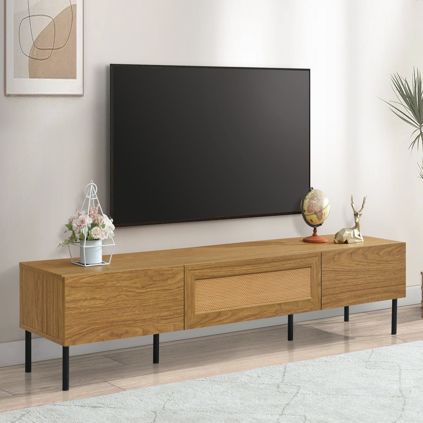 Boho TV Stand for TVs up to 80'' , Modern Farmhouse Media Console, Entertainment Center with Metal Legs, TV Cabinet for Living Room, Home Theatre
