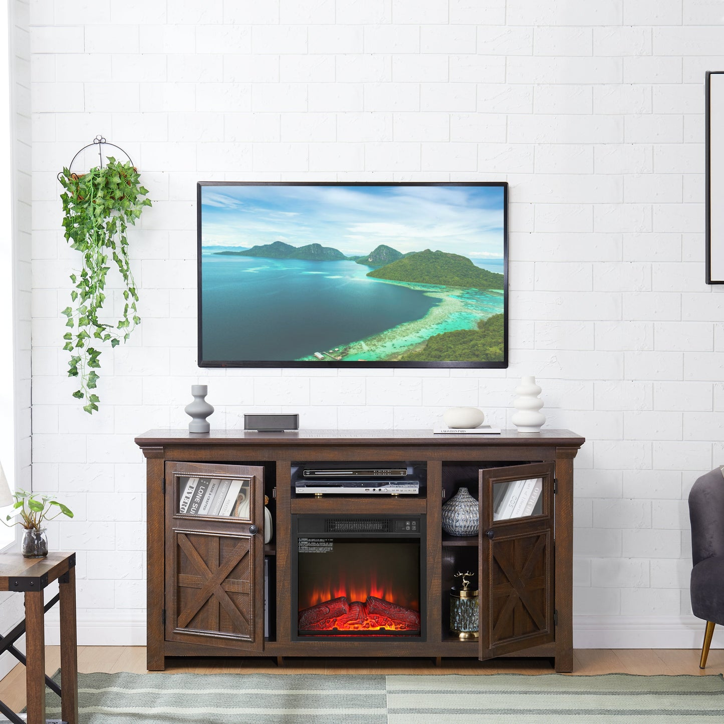 2 Doors Cabinet Farmhouse  Cabinet, Farmhouse TV Stand Barn Design,Farmhouse TV Media Stand, Large Barn Inspired Home Entertainment Console with 18' fireplace insert,Espresso,60.23'W*15.35'D*31.7'H