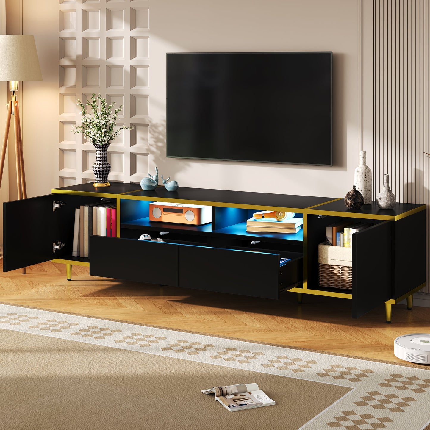U-Can 70.9'' Modern TV Stand for TVs up to 80 Inches, Entertainment Center with 2 Shelves and LED Lights, TV Storage Cabinet with 2 Drawers, 2 Cabinets and Metal Legs for Living room