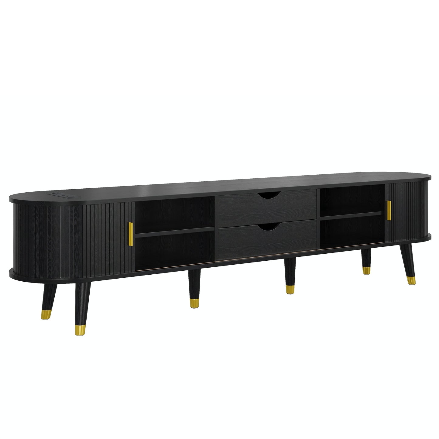 [Assembly Video]Wooden Oval Fluted TV Stand with Charging Station for TV up to 80', Mid-Century Media Console with Sliding Tambour Door, Farmhouse TV Cabinet with Golden Handle for Living Room, Black