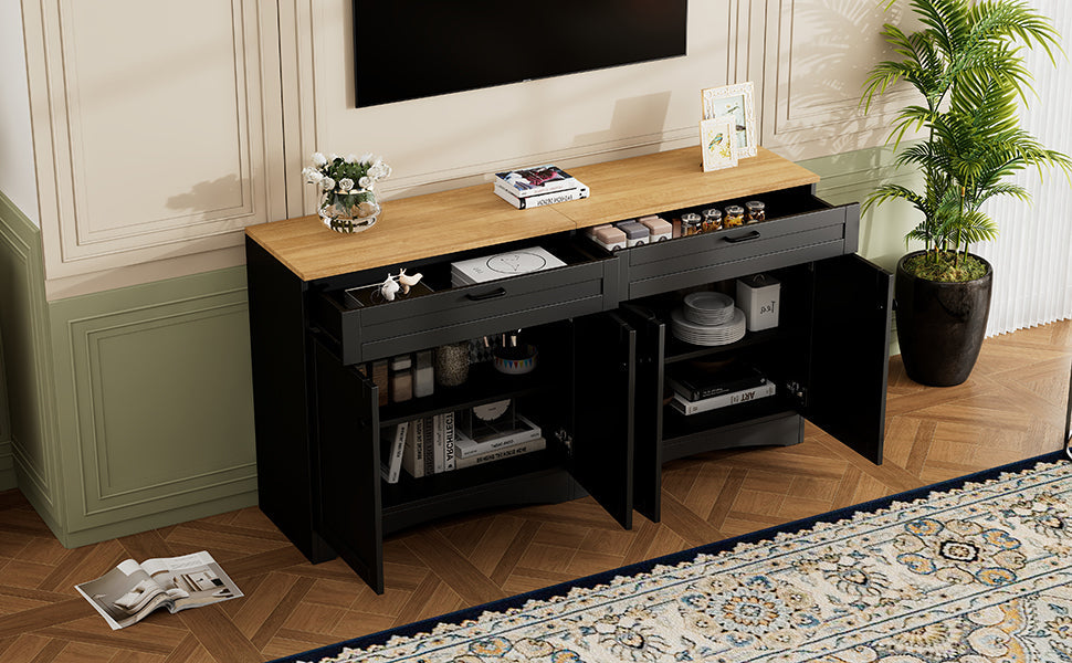 ON-TREND Farmhouse TV Stand with 2 Drawers for TVs Up to 70', Versatile Wood Grain Sideboard with Adjustable Shelves, Mid-Century Buffet Cabinet with Rustic Handles for Living Room/Bedroom, Black