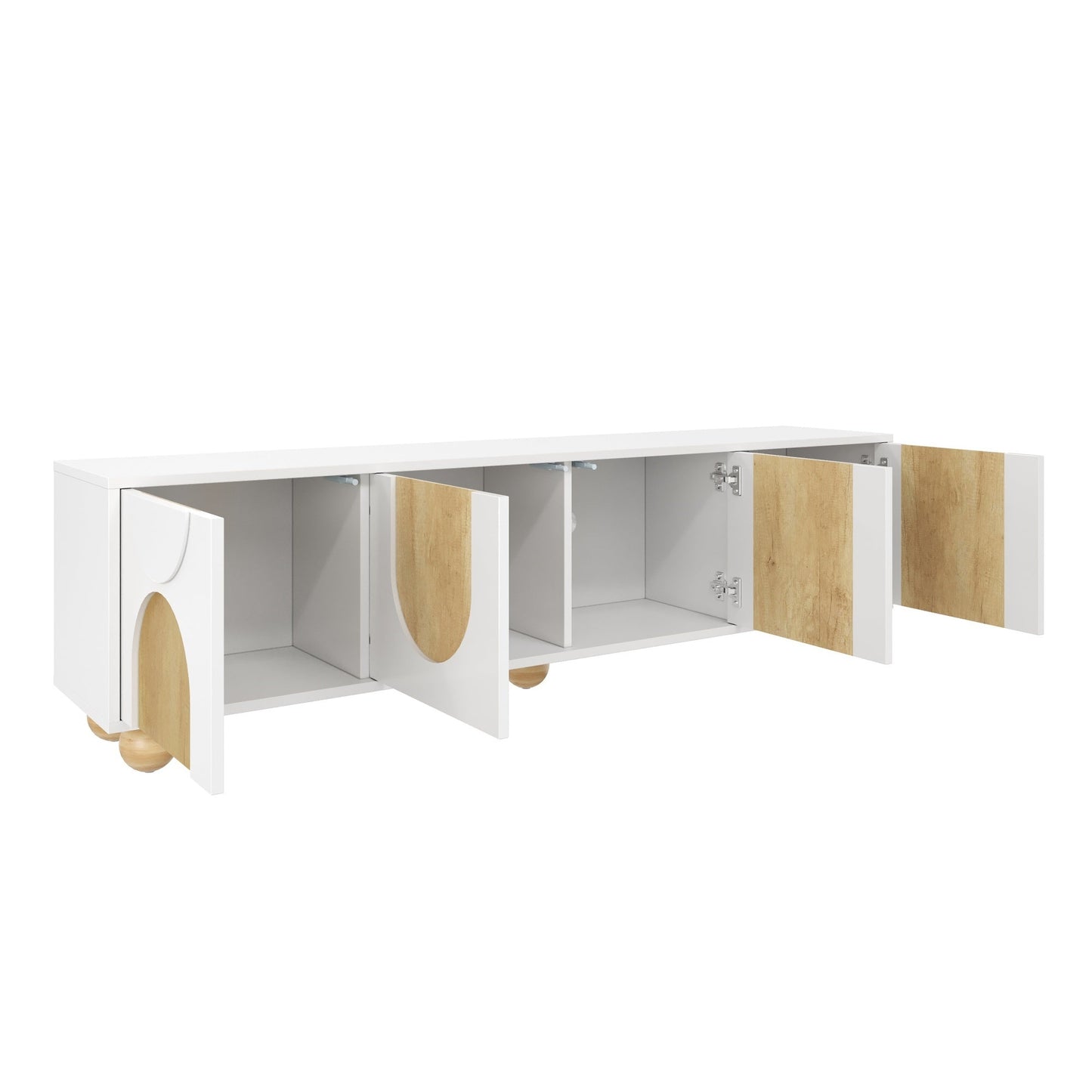 Farmhouse TV Stand with Cable Holes for TVs up to 75', Cream Style Media Console with Rebound Device, Elegant Entertainment Center with 5 Solid Wood Legs for Living Room, Bedroom, White, 69.6'W