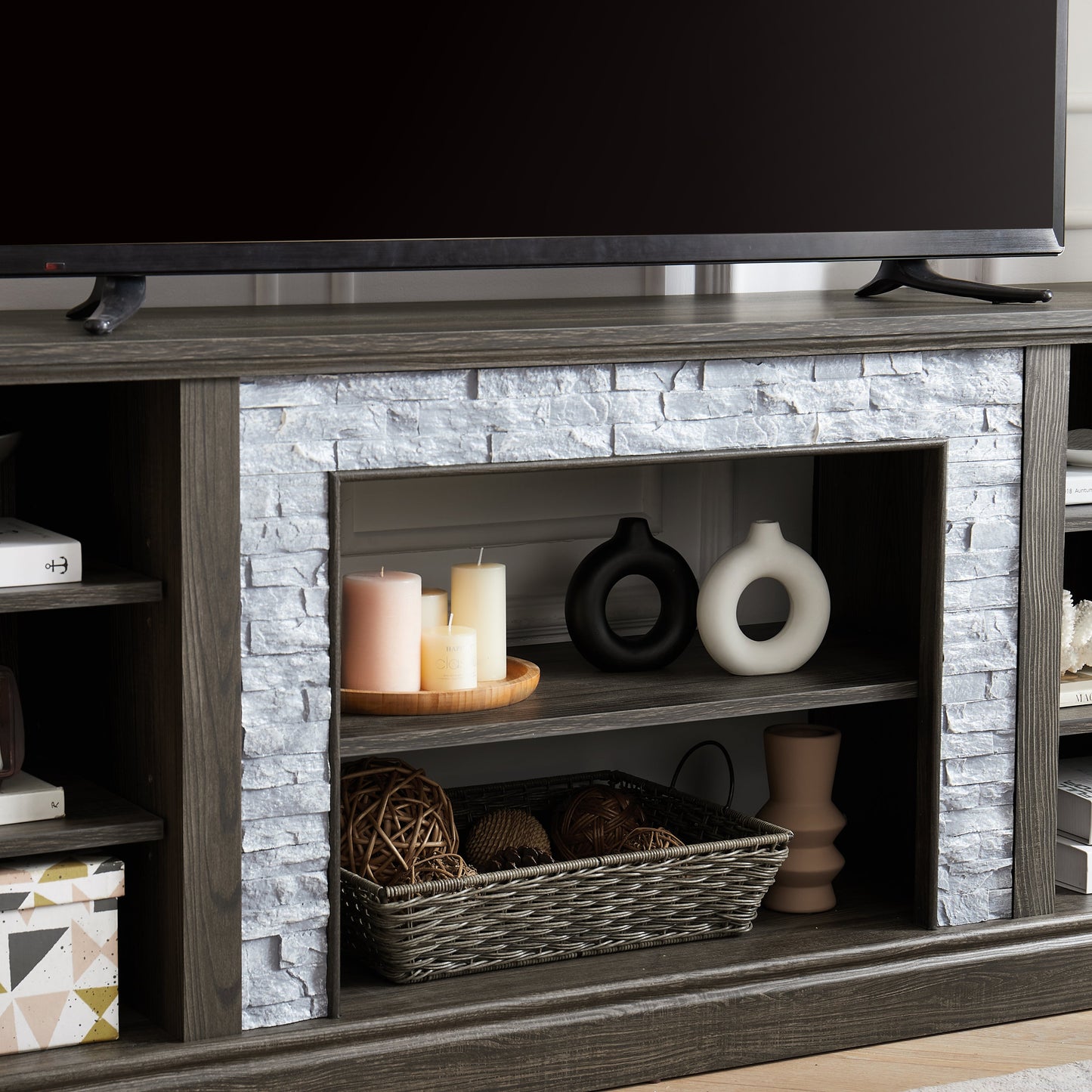 Large TV Stand TV Desk Storage Rack with Faux Stacked Stone Surround,Media Console Table with Large Storage Cabinet,Modern TV Media Entertaionment Stand,GREY, 70.12'W*15.35'D*25.83'H