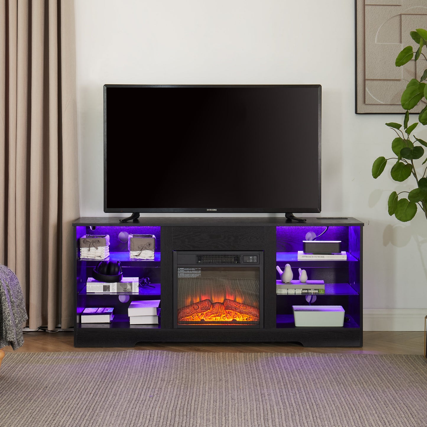 TV Stand Electric Fireplace TV Stand with Glass Shelves, 3D Fireplace TV Stand with LED Lights Wood with USB Charging Outlet Modern Television Table Center for TV up to 32-62' Black 58''W*15.4''D*24.4