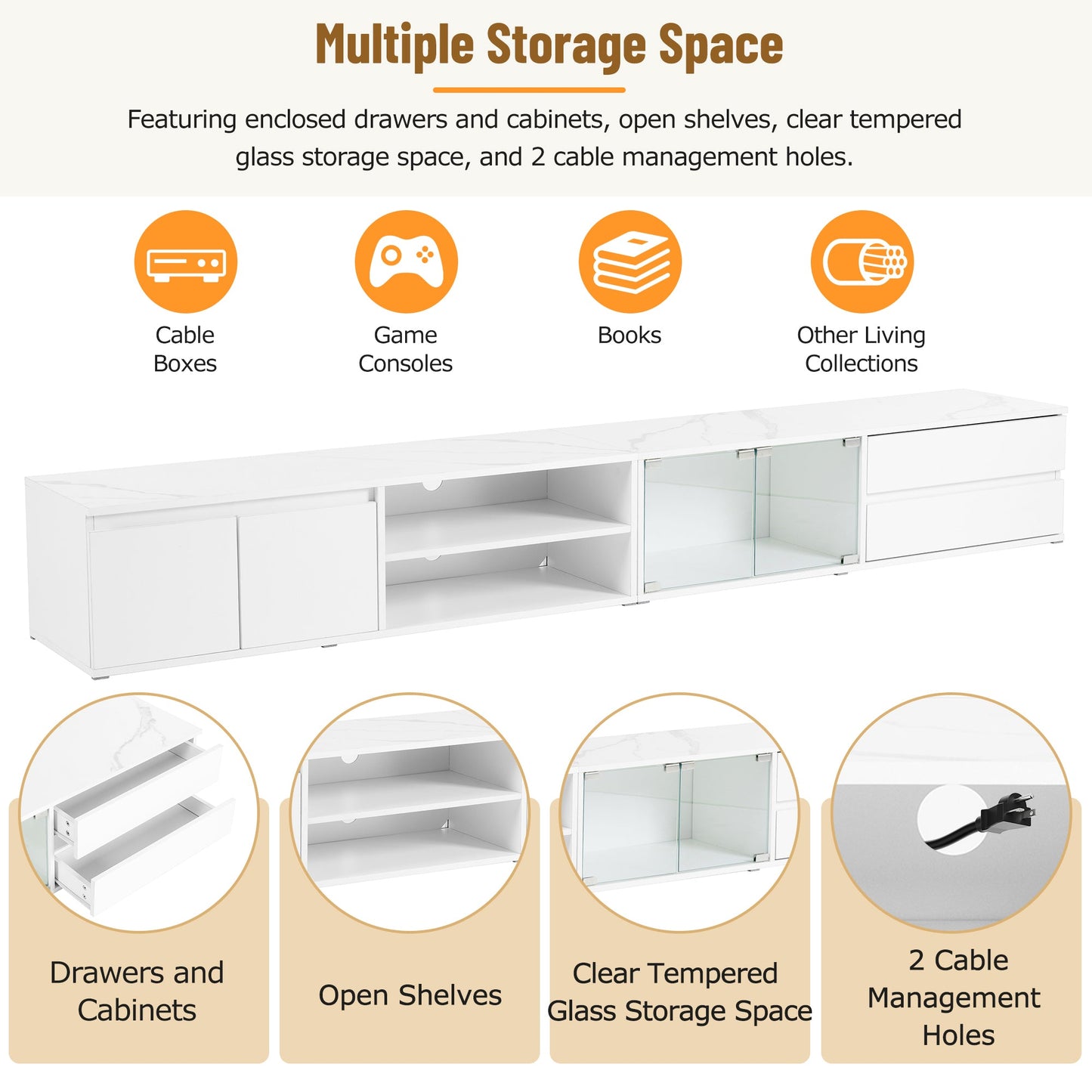 ON-TREND Modern APP Controlled LED TV Stand for TVs Up to 105'', Faux Marble Tabletop Media Console with Tempered Glass Doors, Entertainment Center with 2 Drawers & Cabinets for Living Room, White