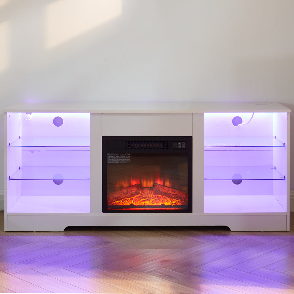 TV Stand Electric Fireplace TV Stand with Glass Shelves, 3D Fireplace TV Stand with LED Lights Wood with USB Charging Outlet Modern Television Table Center for TV up to 32-62' White 58''W*15.4''D*24.4