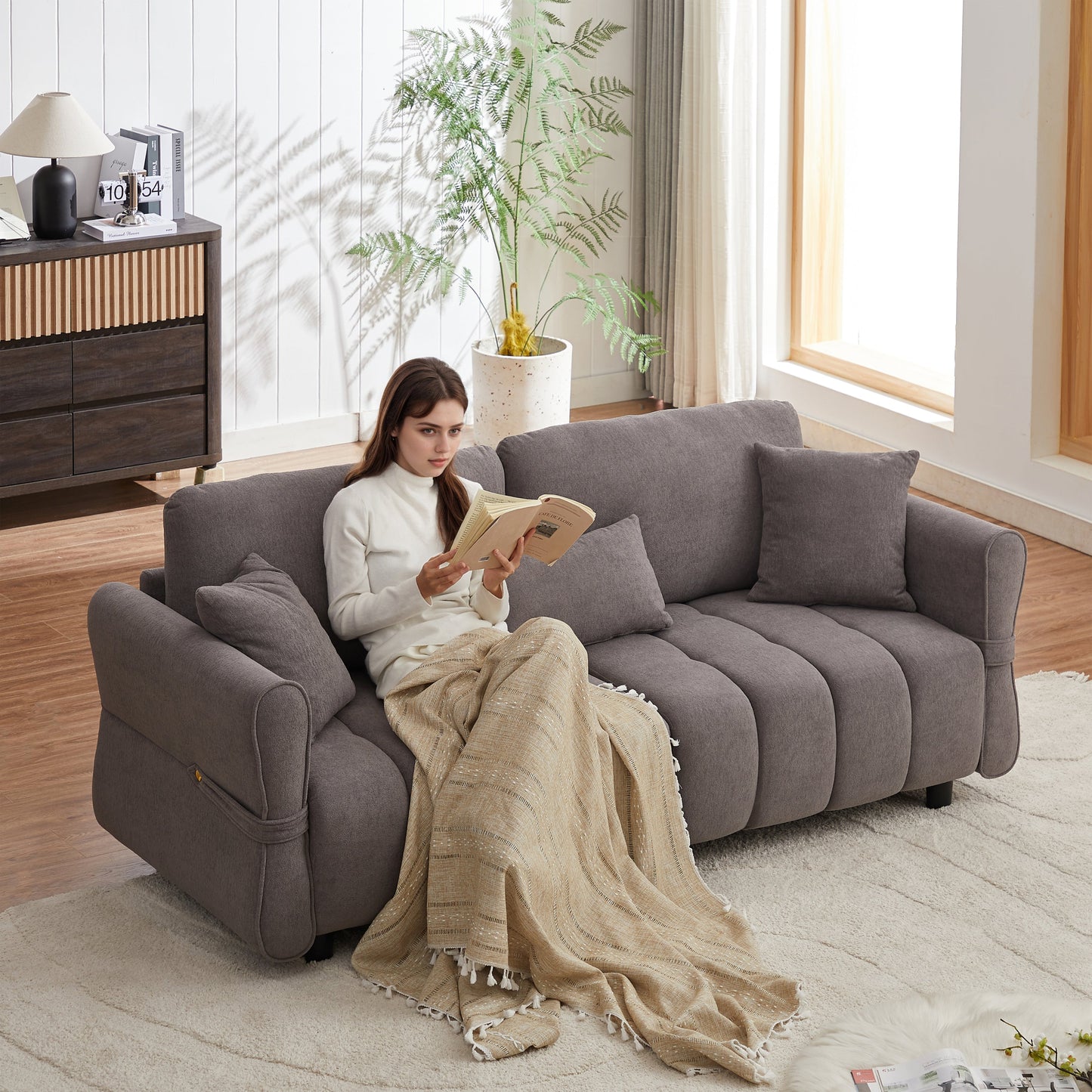 80''Premium chenille fabric sofa with 2 cushions and 1 lumbar pillow Armrest strap design,,upholstered 3-seater sofa  for living rooms, bedrooms,apartments and offices Grey
