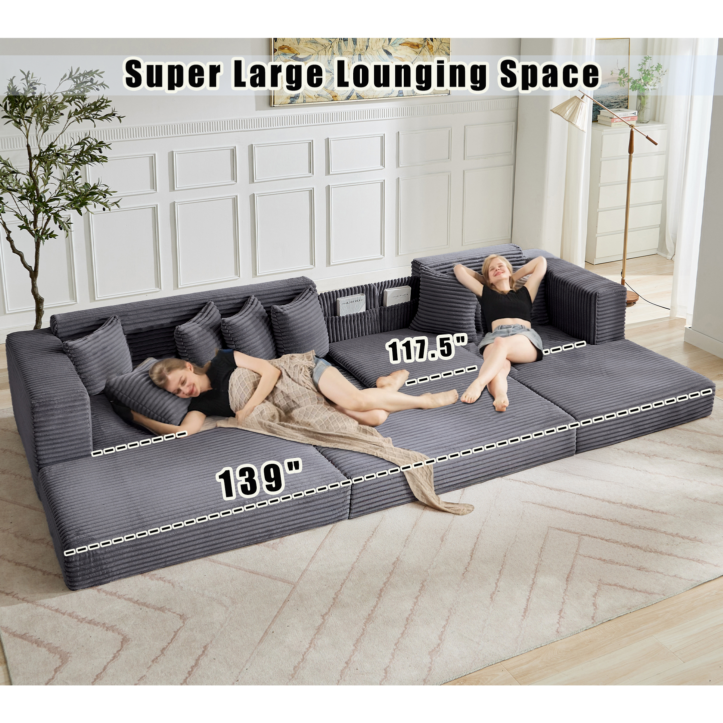 [NEW ARRIVED] [VIDEO PROVIDED] Oversize Cloud Couch, L-Shape Sofa, Convertible Floor Sleeper Sofa Bed, No Assembly ,Eight pillows,3-in-1,Magazine bag,(Right Facing Sofa),3 Seat,Corduroy,Dark Gray