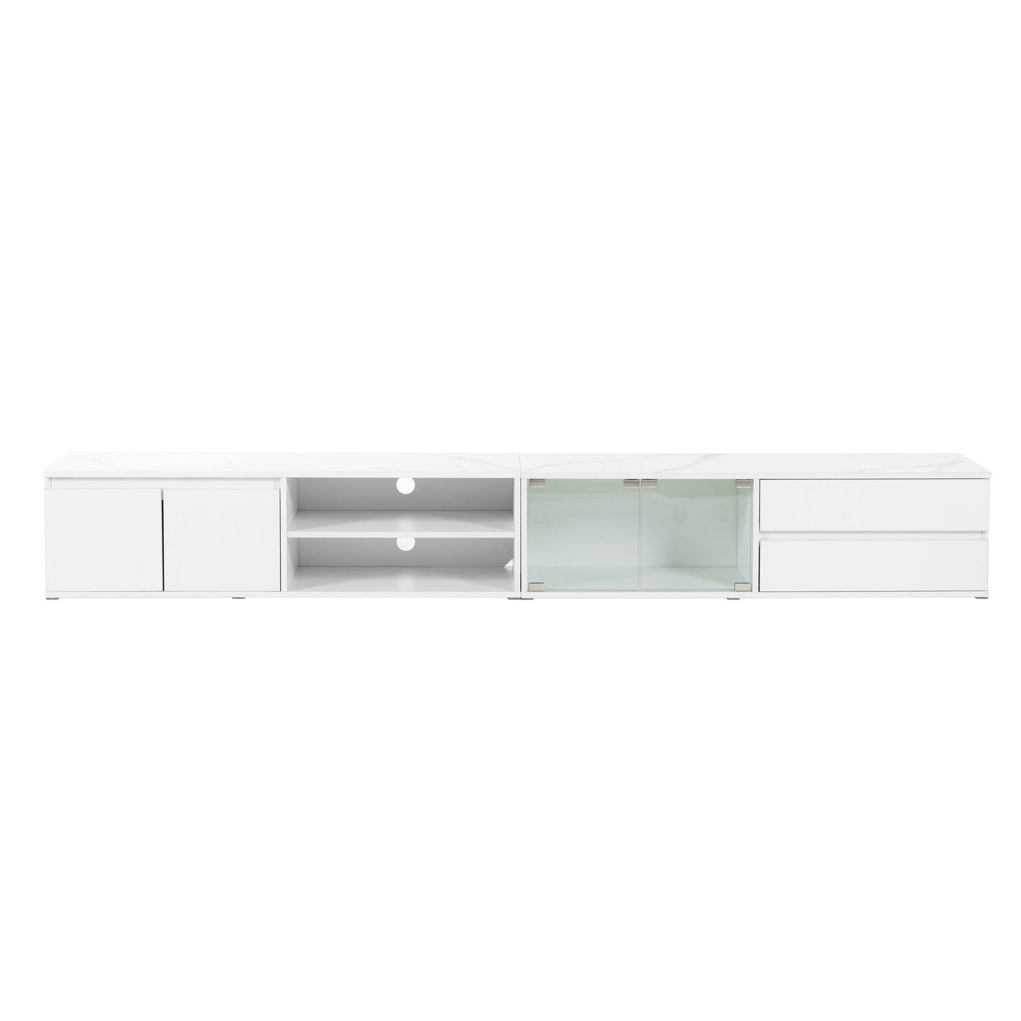 ON-TREND Modern APP Controlled LED TV Stand for TVs Up to 105'', Faux Marble Tabletop Media Console with Tempered Glass Doors, Entertainment Center with 2 Drawers & Cabinets for Living Room, White