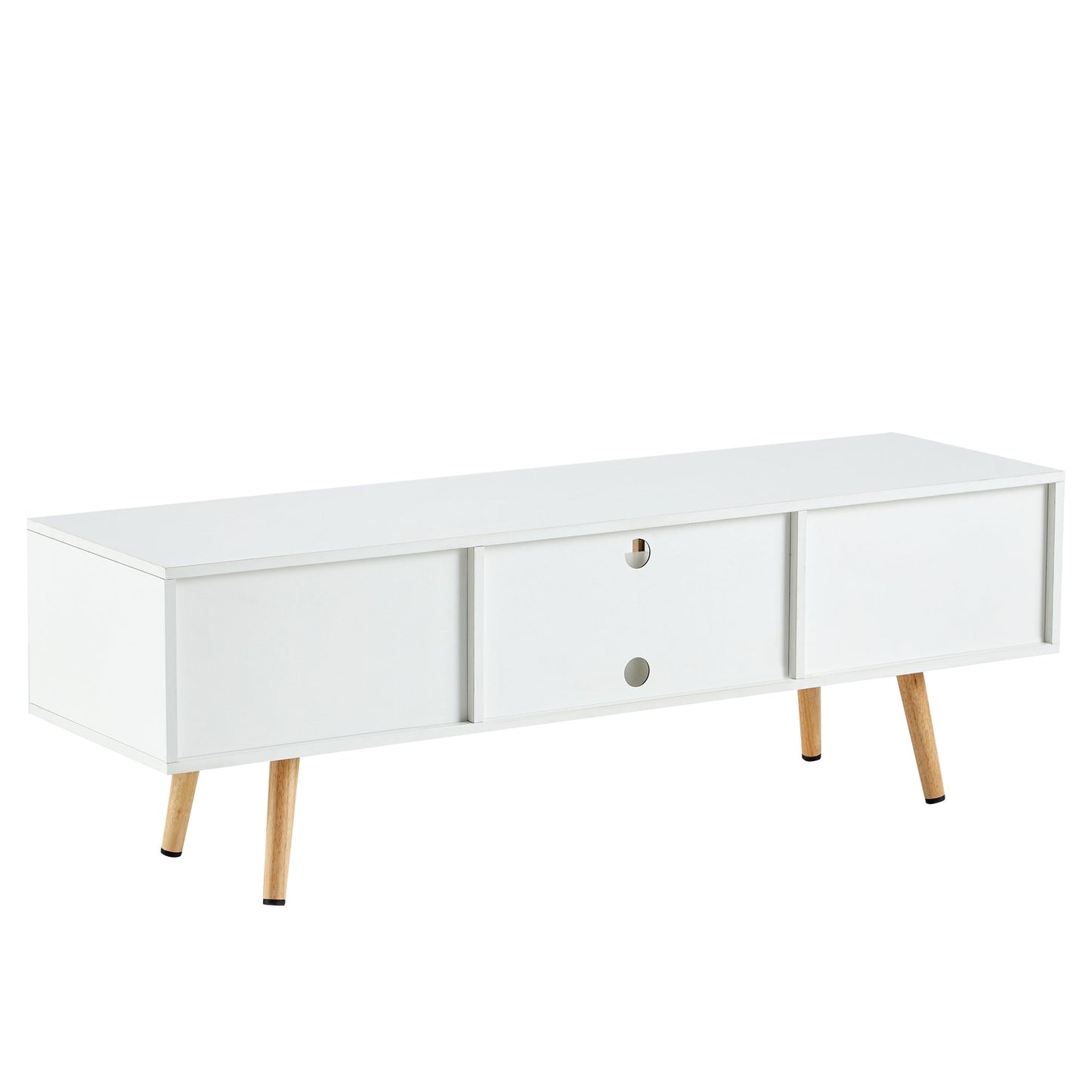 Modern Rattan TV Cabinet with Double Sliding Doors, Adjustable Shelf, Solid Wood Legs, White, 55.12 inches