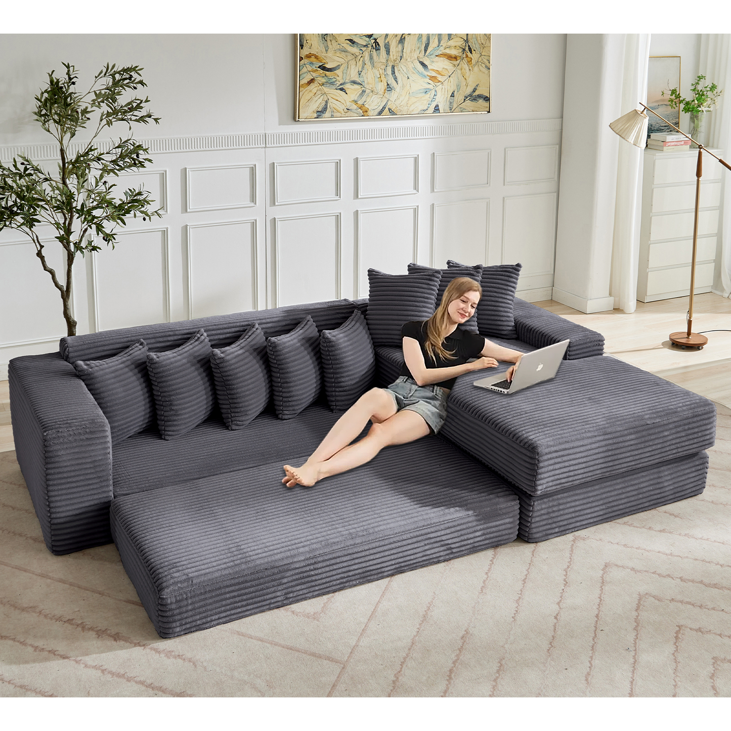 [NEW ARRIVED] [VIDEO PROVIDED] Oversize Cloud Couch, L-Shape Sofa, Convertible Floor Sleeper Sofa Bed, No Assembly ,Eight pillows,3-in-1,Magazine bag,(Right Facing Sofa),3 Seat,Corduroy,Dark Gray