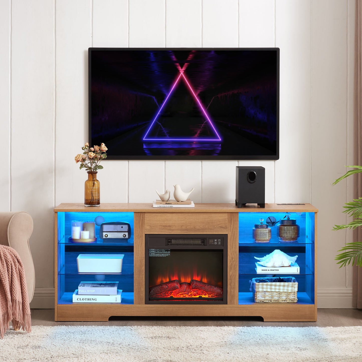 TV Stand Electric Fireplace TV Stand with Glass Shelves, 3D Fireplace TV Stand with LED Lights Wood with USB Charging Outlet Modern Television Table Center for TV up to 32-62' OAK 58'W*15.4''D*24.4