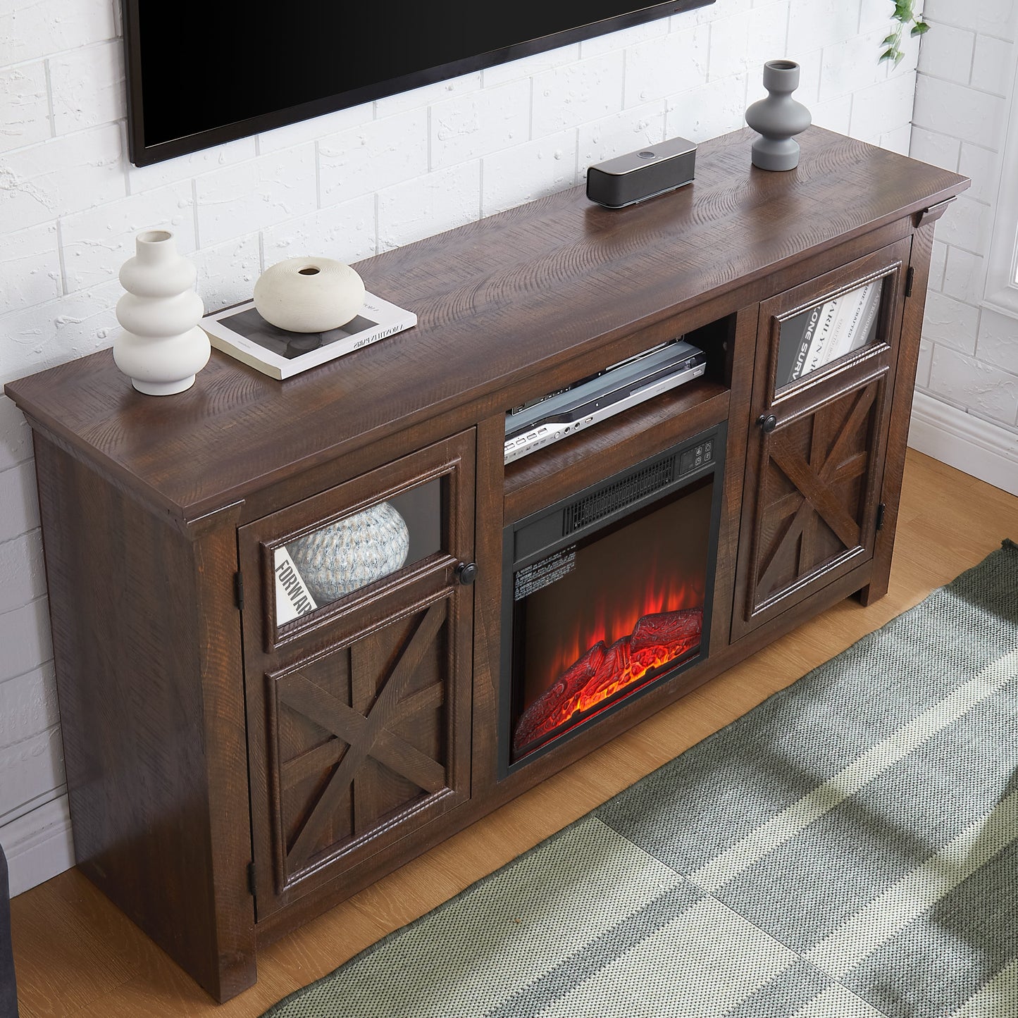 2 Doors Cabinet Farmhouse  Cabinet, Farmhouse TV Stand Barn Design,Farmhouse TV Media Stand, Large Barn Inspired Home Entertainment Console with 18' fireplace insert,Espresso,60.23'W*15.35'D*31.7'H