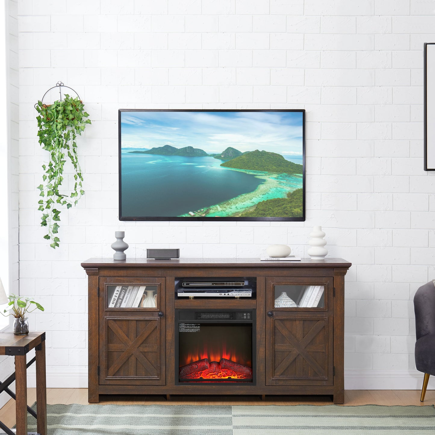 2 Doors Cabinet Farmhouse  Cabinet, Farmhouse TV Stand Barn Design,Farmhouse TV Media Stand, Large Barn Inspired Home Entertainment Console with 18' fireplace insert,Espresso,60.23'W*15.35'D*31.7'H