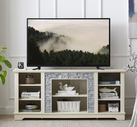 Mantel Stone TV Media Stand with with Faux Stacked Stone Surround, Modern Entertainment Console with Open Storage Space,WHITE, 58.31'W*15.39'D*26.06'H