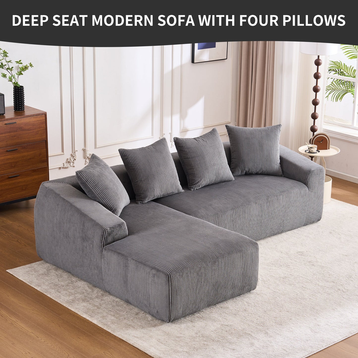 LY-023 Grey Compression Sofa: Corduroy Fabric, Chaise Longue and 3-Seater Combination with 4 Pillows