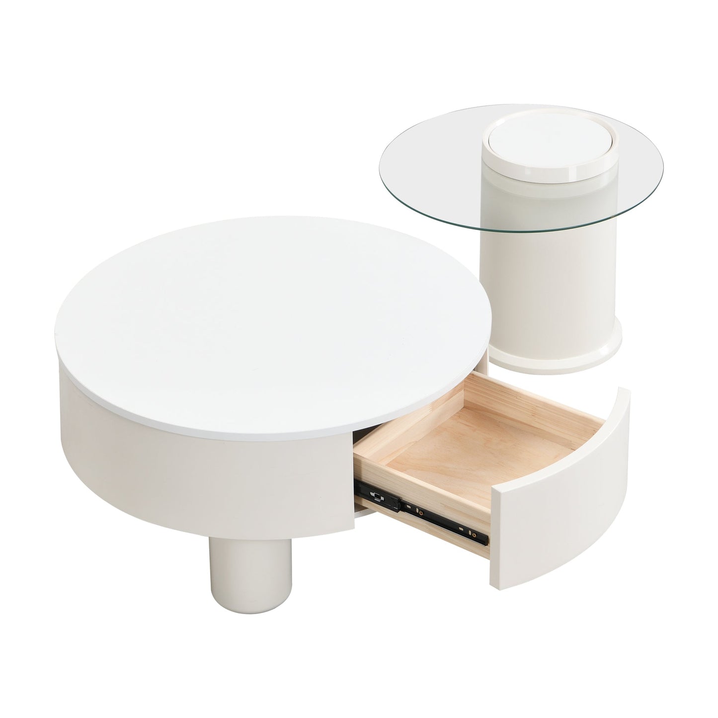 Round Nesting Coffee Table Set of 2, Coffee Table with Storage Drawer, White Plastic Center Table for Living Room, Large 27.56'', Small 19.69''