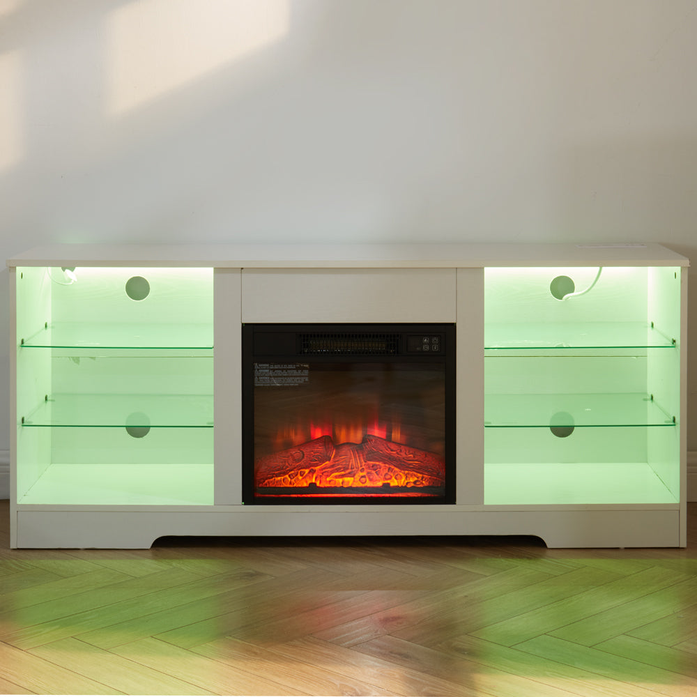 TV Stand Electric Fireplace TV Stand with Glass Shelves, 3D Fireplace TV Stand with LED Lights Wood with USB Charging Outlet Modern Television Table Center for TV up to 32-62' White 58''W*15.4''D*24.4