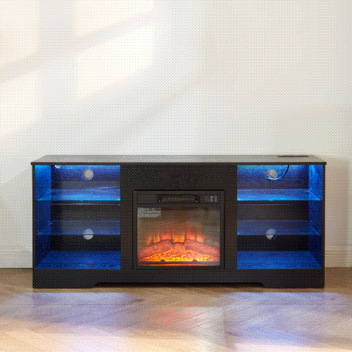 TV Stand Electric Fireplace TV Stand with Glass Shelves, 3D Fireplace TV Stand with LED Lights Wood with USB Charging Outlet Modern Television Table Center for TV up to 32-62' Black 58''W*15.4''D*24.4