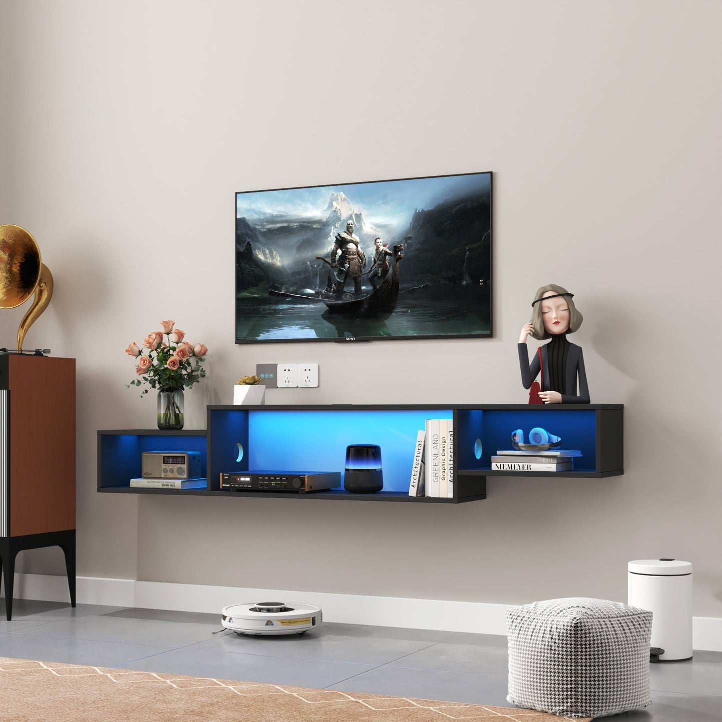 65.35in Wall Mounted Floating  TV Stand with 20 Color LEDs and Charging Station