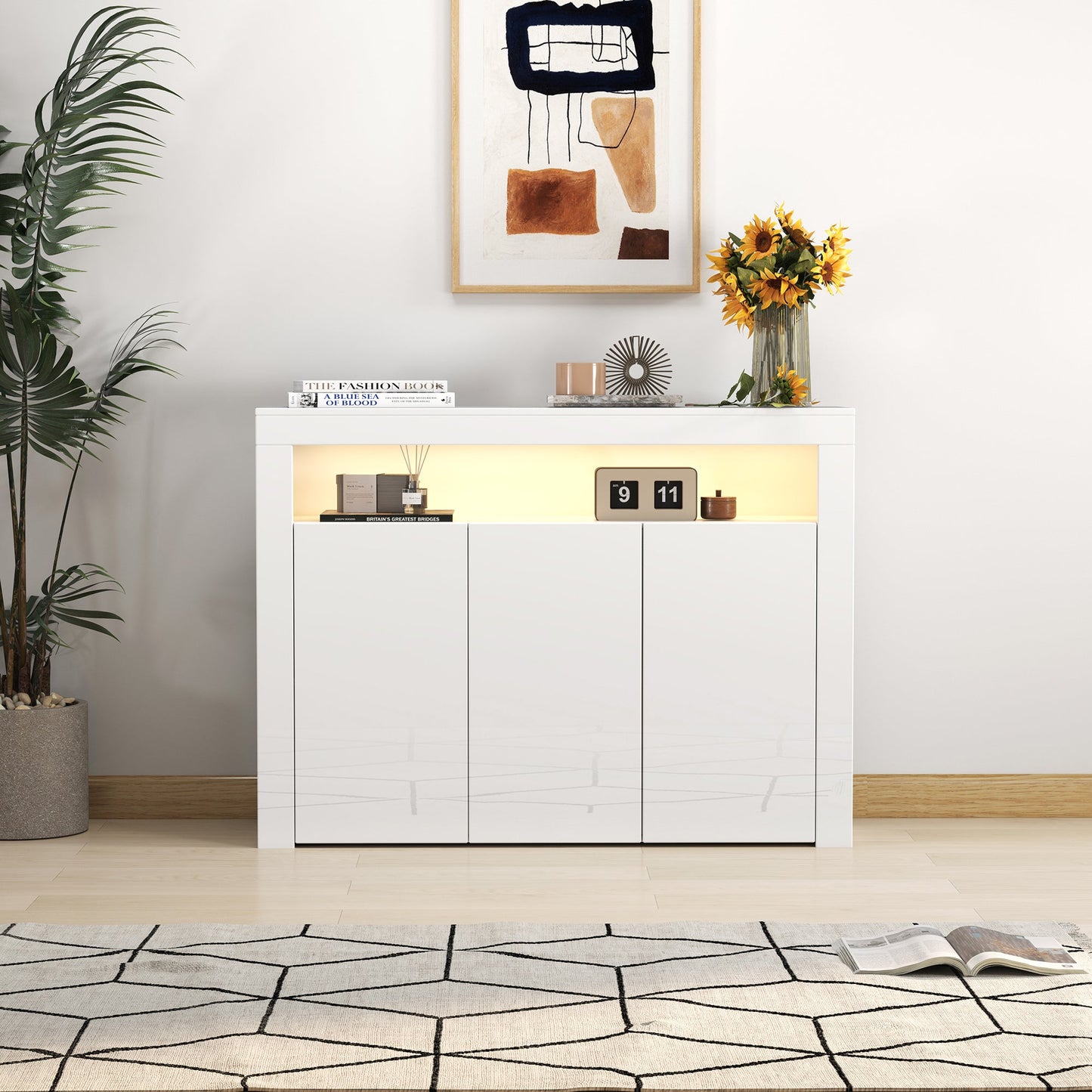 Living Room Sideboard Storage Cabinet Black High Gloss with LED Light, Modern Kitchen Unit Cupboard Buffet Wooden Storage Display Cabinet TV Stand with 3 Doors for Hallway Dining Room