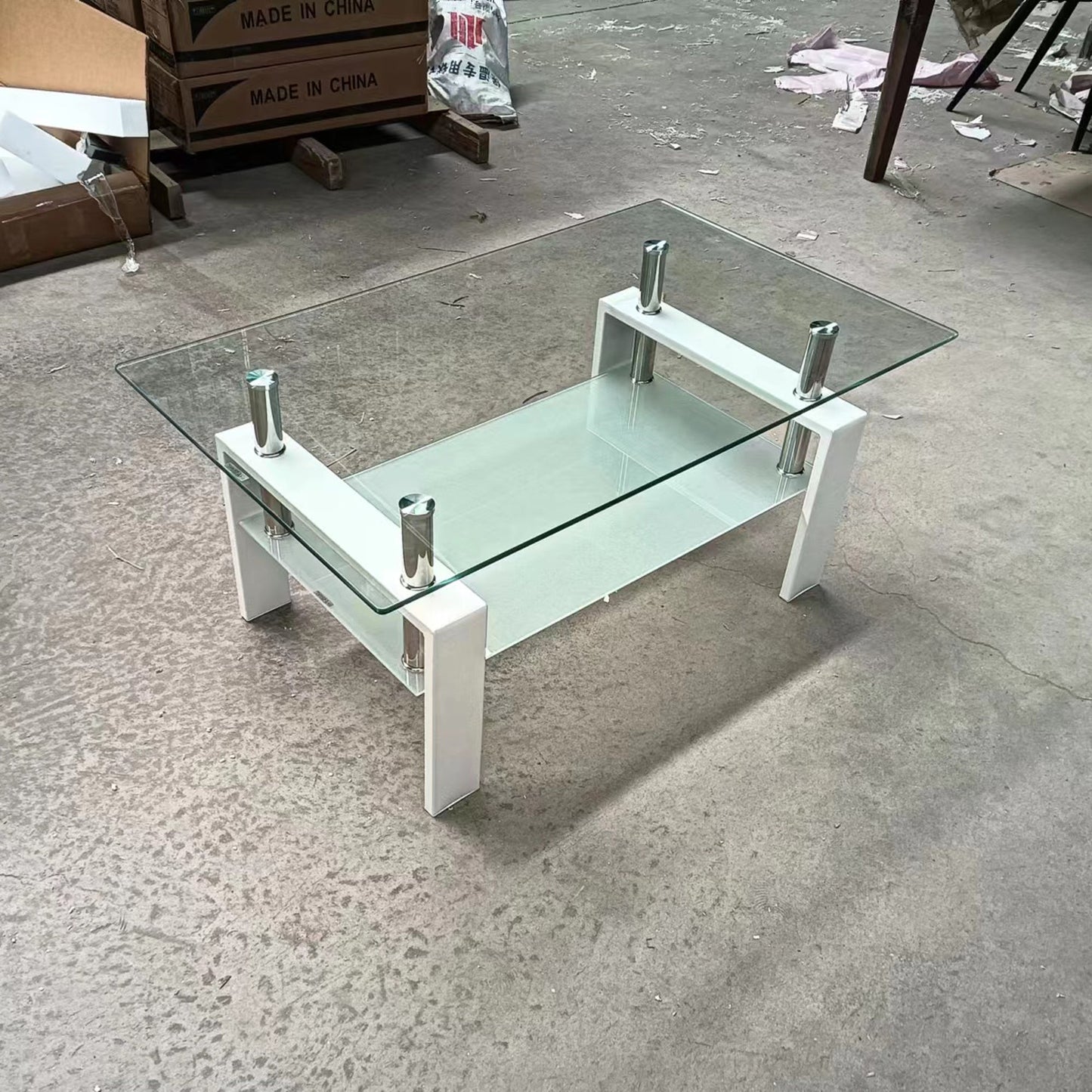 Luxury Modern Tempered Clear Glass Coffee Table with 2-Layers and Solid MDF Frame for Living Room