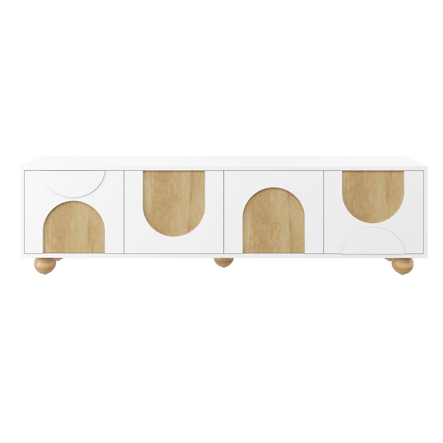 Farmhouse TV Stand with Cable Holes for TVs up to 75', Cream Style Media Console with Rebound Device, Elegant Entertainment Center with 5 Solid Wood Legs for Living Room, Bedroom, White, 69.6'W
