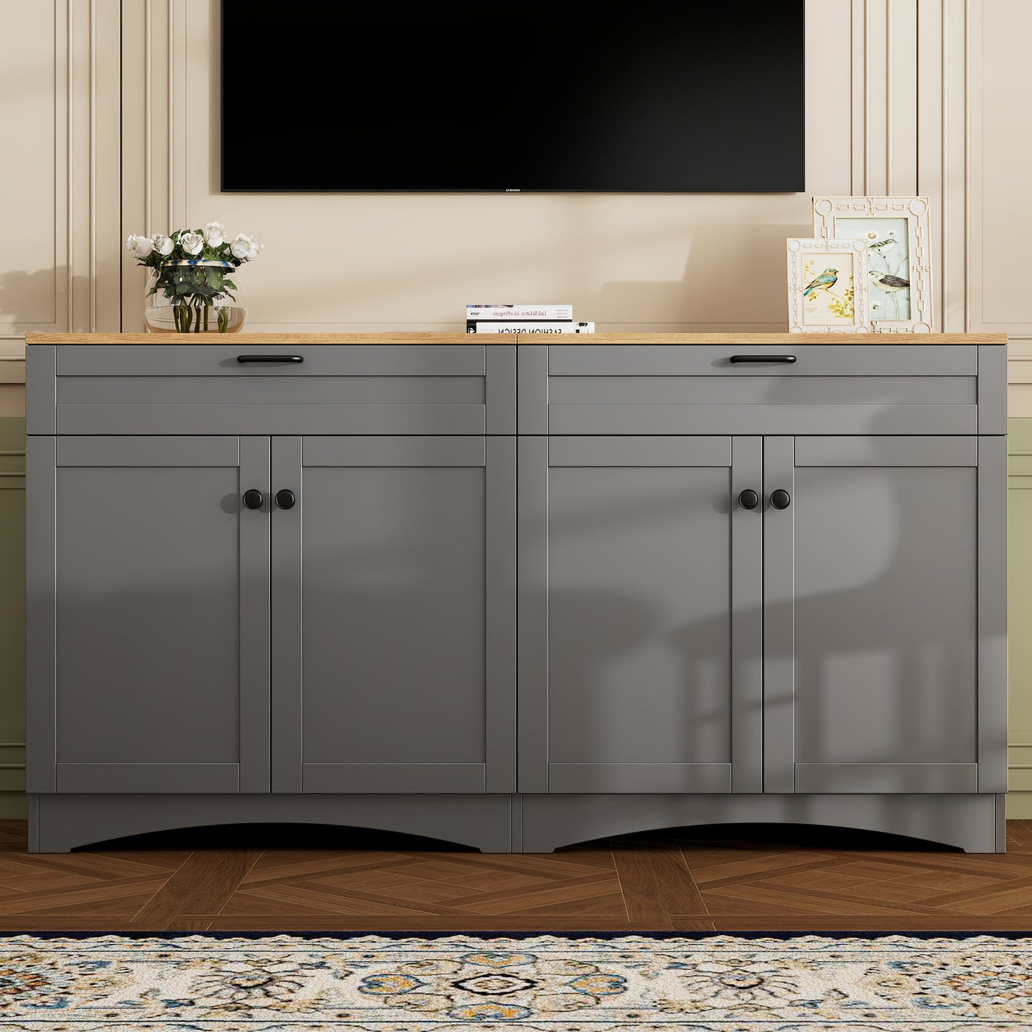 ON-TREND Farmhouse TV Stand with 2 Drawers for TVs Up to 70', Versatile Wood Grain Sideboard with Adjustable Shelves, Mid-Century Buffet Cabinet with Rustic Handles for Living Room/Bedroom, Grey