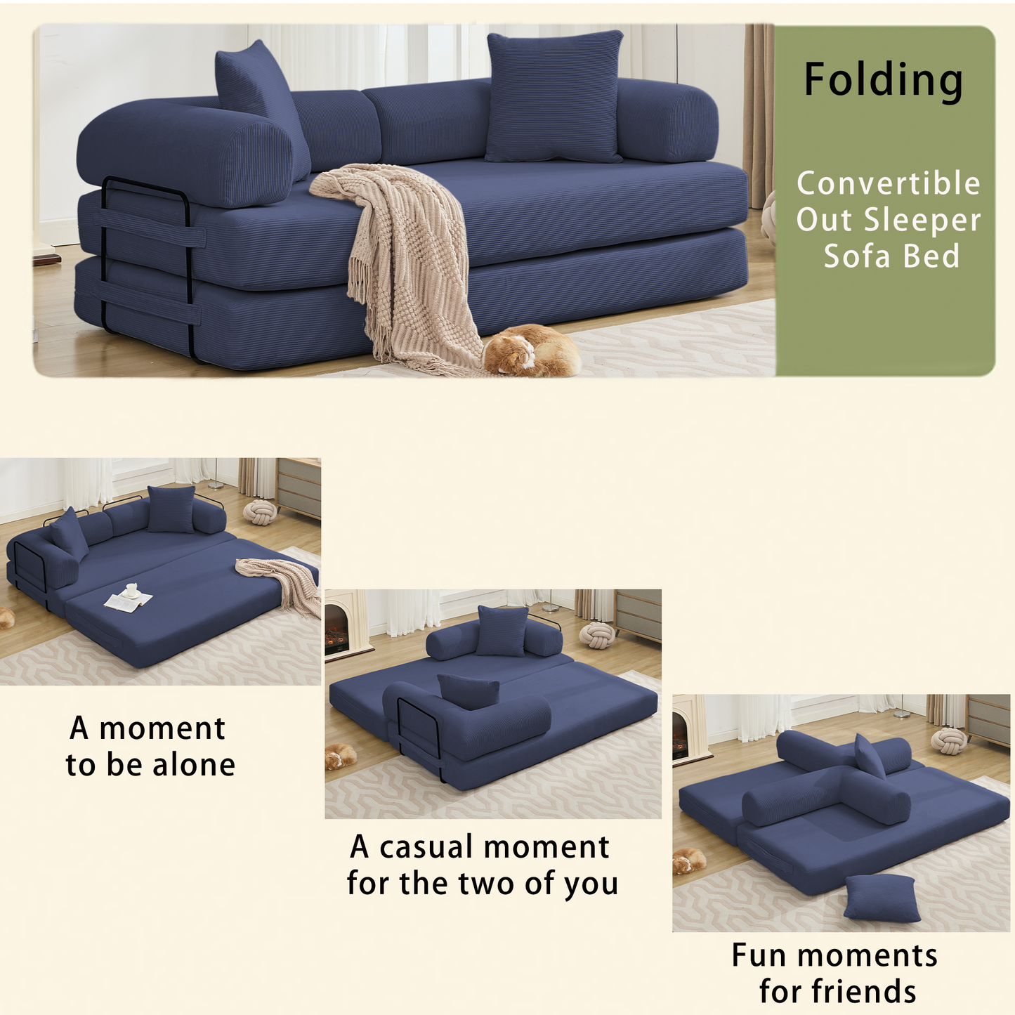[NEW ARRIVED] [VIDEO PROVIDED] 78.5' Folding Convertible Out Sleeper Sofa Bed,4-in-1 DIY Combination Convertible Sofa,3 seat, Folding Sofa, King Size , Bedroom,Apartment,Corduroy,Blue