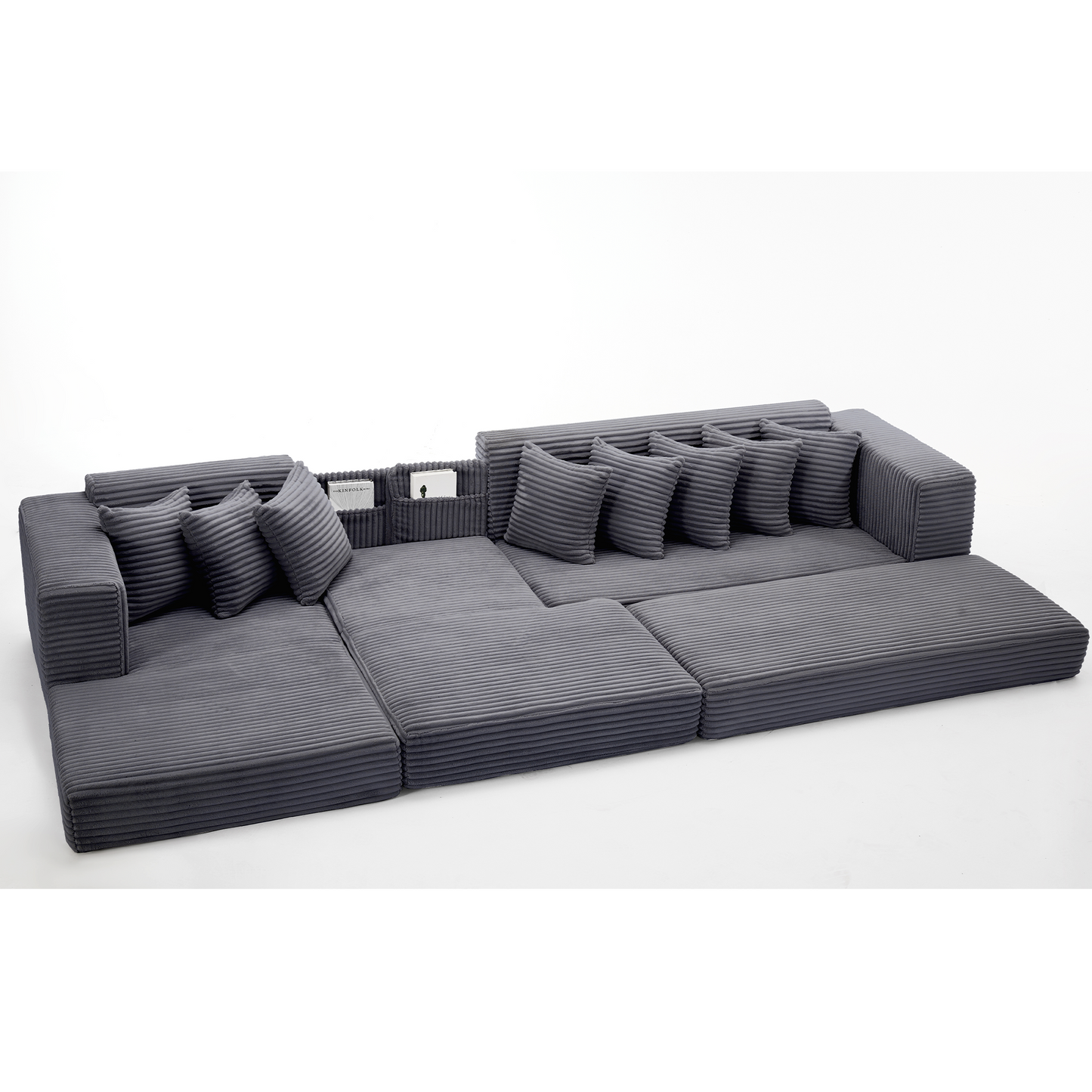 [NEW ARRIVED] [VIDEO PROVIDED] Oversize Cloud Couch, L-Shape Sofa, Convertible Floor Sleeper Sofa Bed, No Assembly ,Eight pillows,3-in-1,Side Pocket,(Left Facing Sofa),3 Seat,Corduroy,Dark Gray