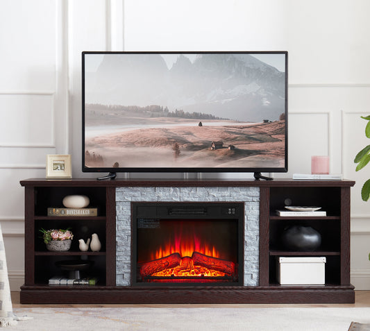 Large TV Desk Storage Rack with Faux Stacked Stone Surround,Media Console Table with Large Storage Cabinet,Modern  TV Media Stand with 23' Fireplace Insert,Cherry, 70.12'W*15.35'D*25.83'H