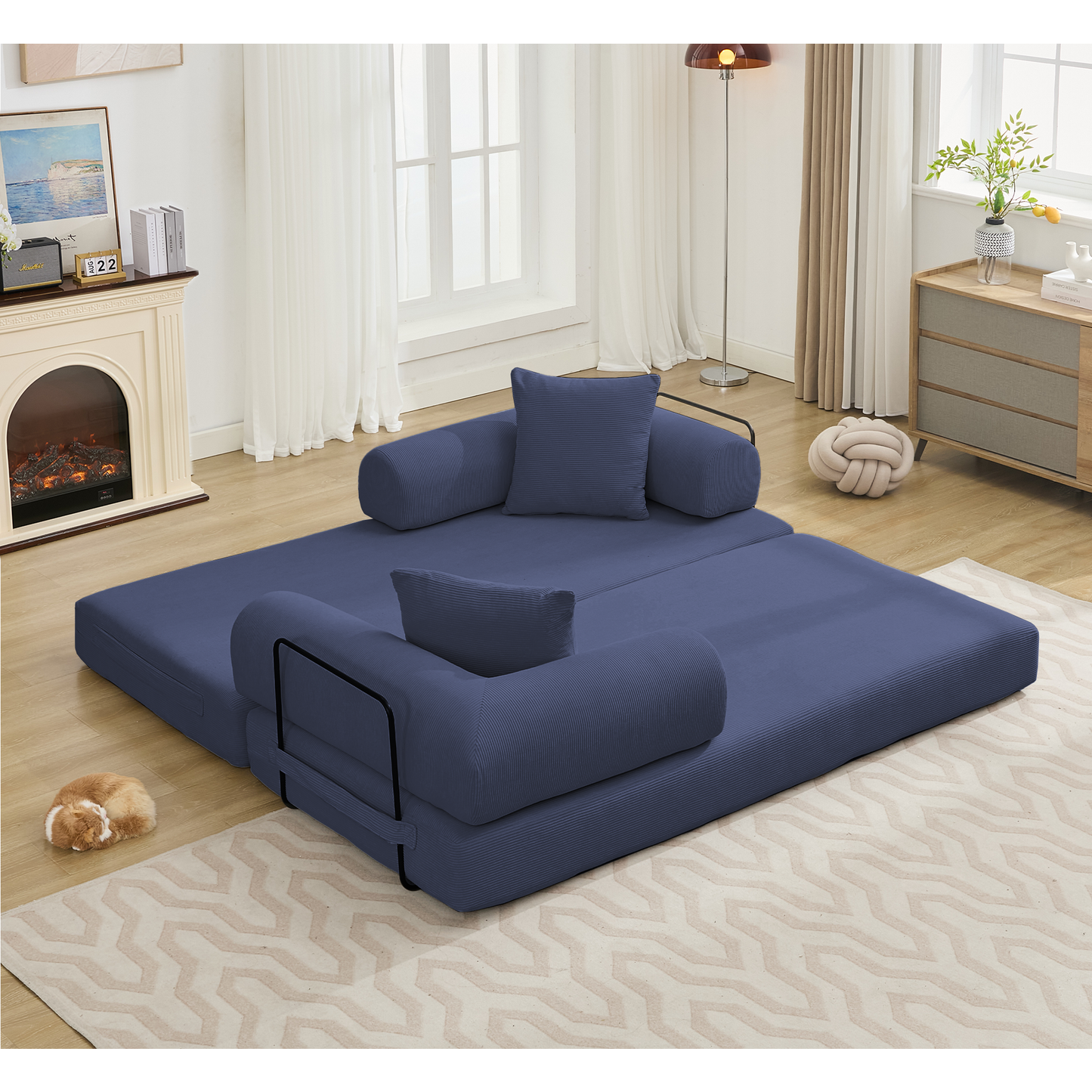[NEW ARRIVED] [VIDEO PROVIDED] 78.5' Folding Convertible Out Sleeper Sofa Bed,4-in-1 DIY Combination Convertible Sofa,3 seat, Folding Sofa, King Size , Bedroom,Apartment,Corduroy,Blue