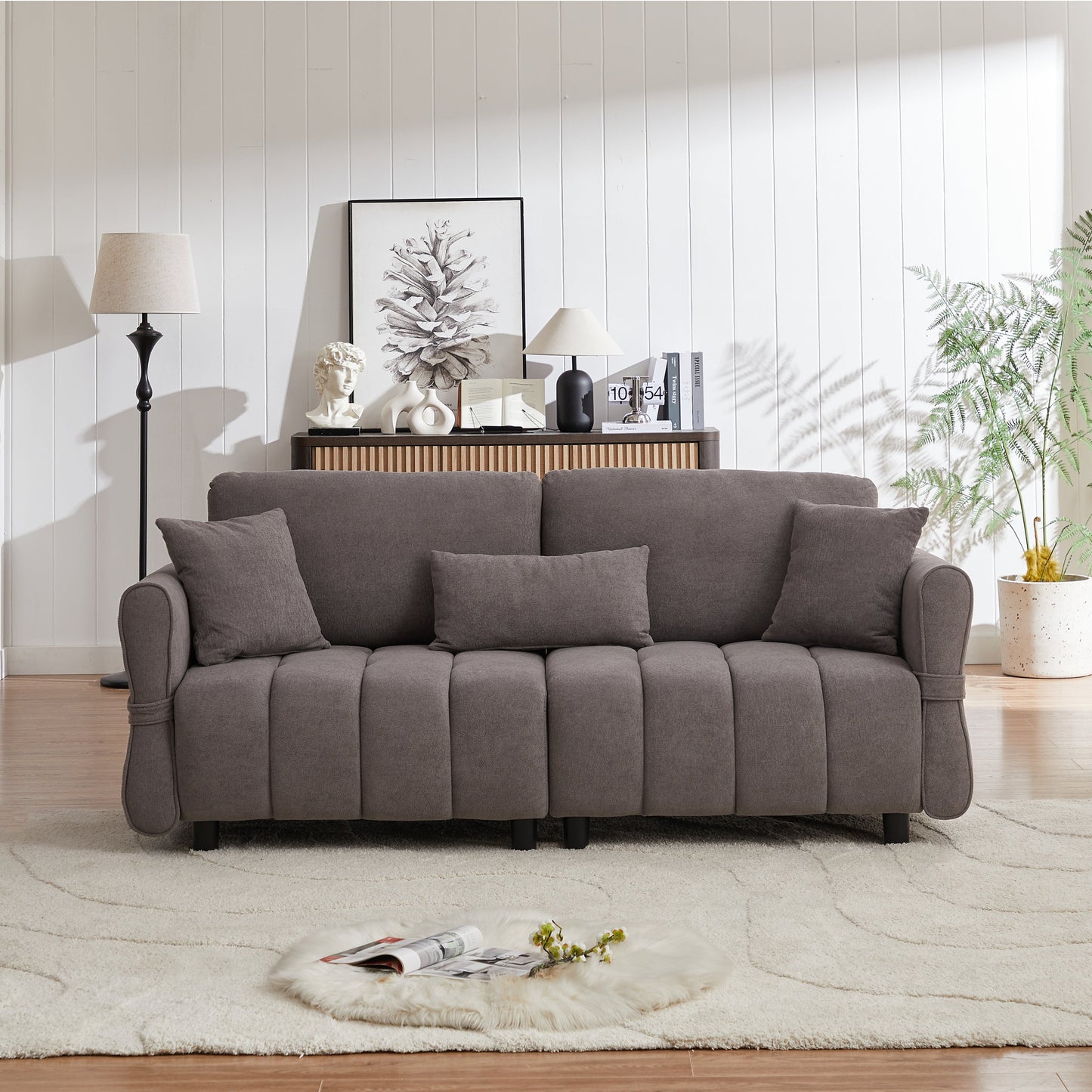 80''Premium chenille fabric sofa with 2 cushions and 1 lumbar pillow Armrest strap design,,upholstered 3-seater sofa  for living rooms, bedrooms,apartments and offices Grey