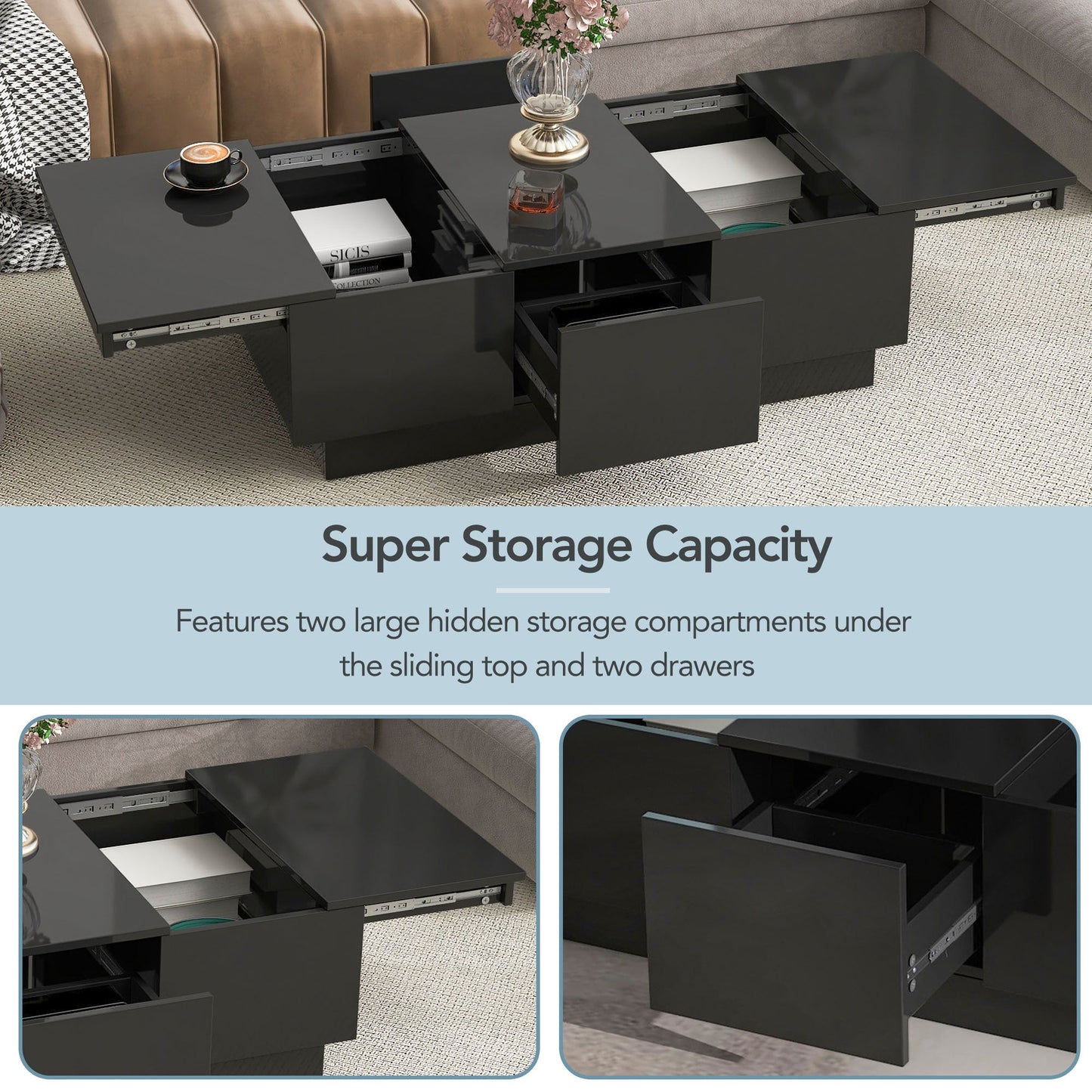 [VIDEO provided] ON-TREND Coffee Table with 2 large Hidden Storage Compartment, Extendable Cocktail Table with 2 Drawers, High-gloss Center Table with Sliding Top for Living Room, 39.3'x21.6', Black