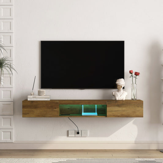 Floating TV Stand, Wall Mounted TV Shelf with LED lights & Power Outlet,Wall Mounted Floating 65' TV Stand with 16 Color LEDs-brown