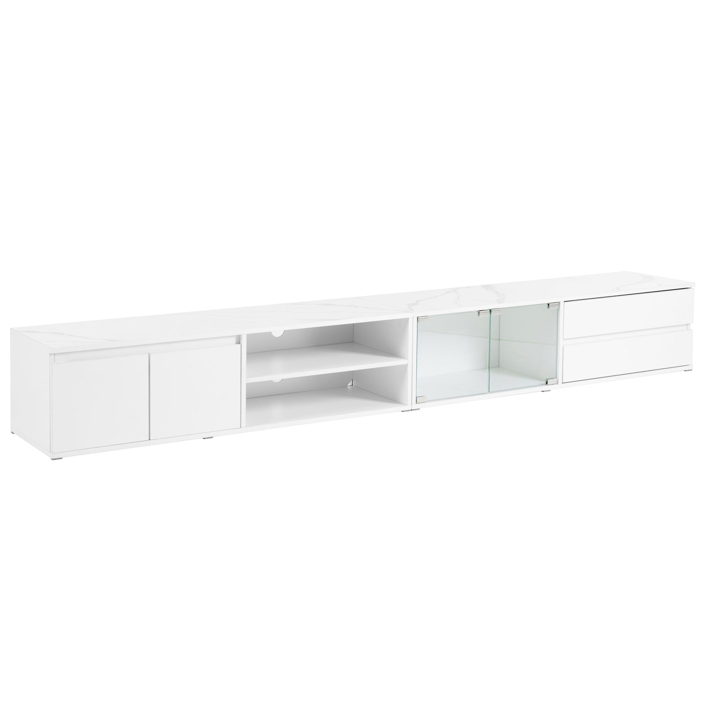 ON-TREND Modern APP Controlled LED TV Stand for TVs Up to 105'', Faux Marble Tabletop Media Console with Tempered Glass Doors, Entertainment Center with 2 Drawers & Cabinets for Living Room, White