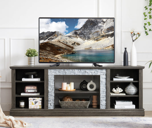 Large TV Stand TV Desk Storage Rack with Faux Stacked Stone Surround,Media Console Table with Large Storage Cabinet,Modern TV Media Entertaionment Stand,GREY, 70.12'W*15.35'D*25.83'H
