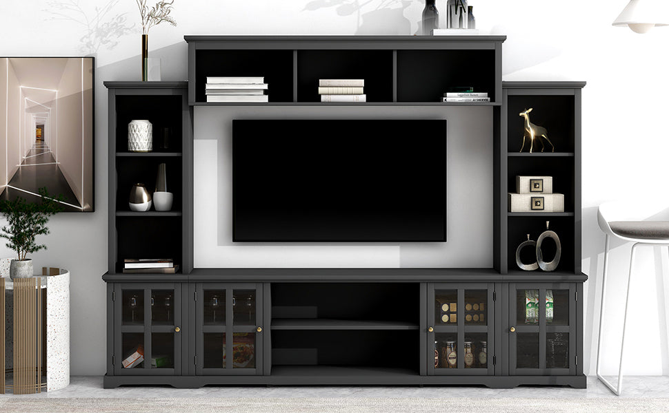 [VIDEO provided] ON-TREND Minimalism Entertainment Wall Unit with Bridge, Modern TV Console Table for TVs Up to 70', Multifunctional TV Stand with Tempered Glass Door, Black (Old SKU: SD000009AAB)