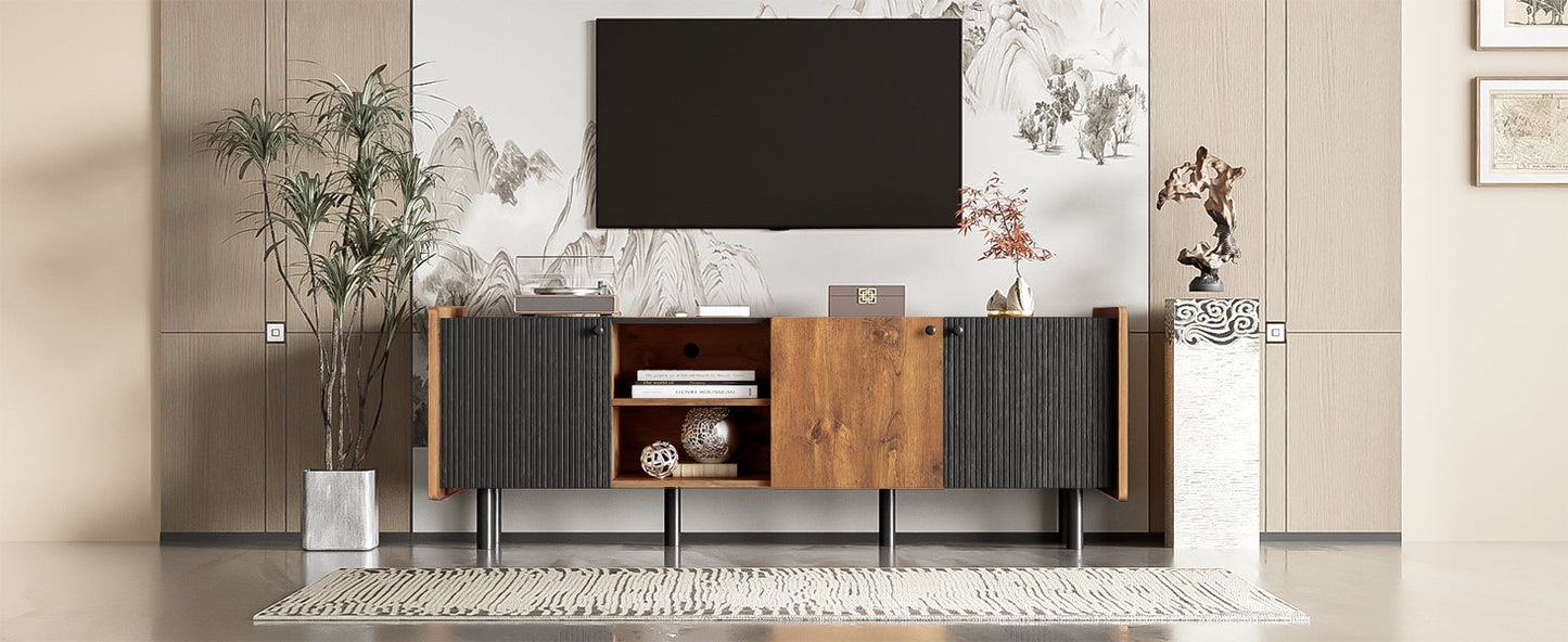 Mid Century TV Stand with 3 Cabinets, Media Console Table for TVs up to 70'', Entertainment Center with Storage for Living room, Bedroom, Black Color Top Panel & Handle