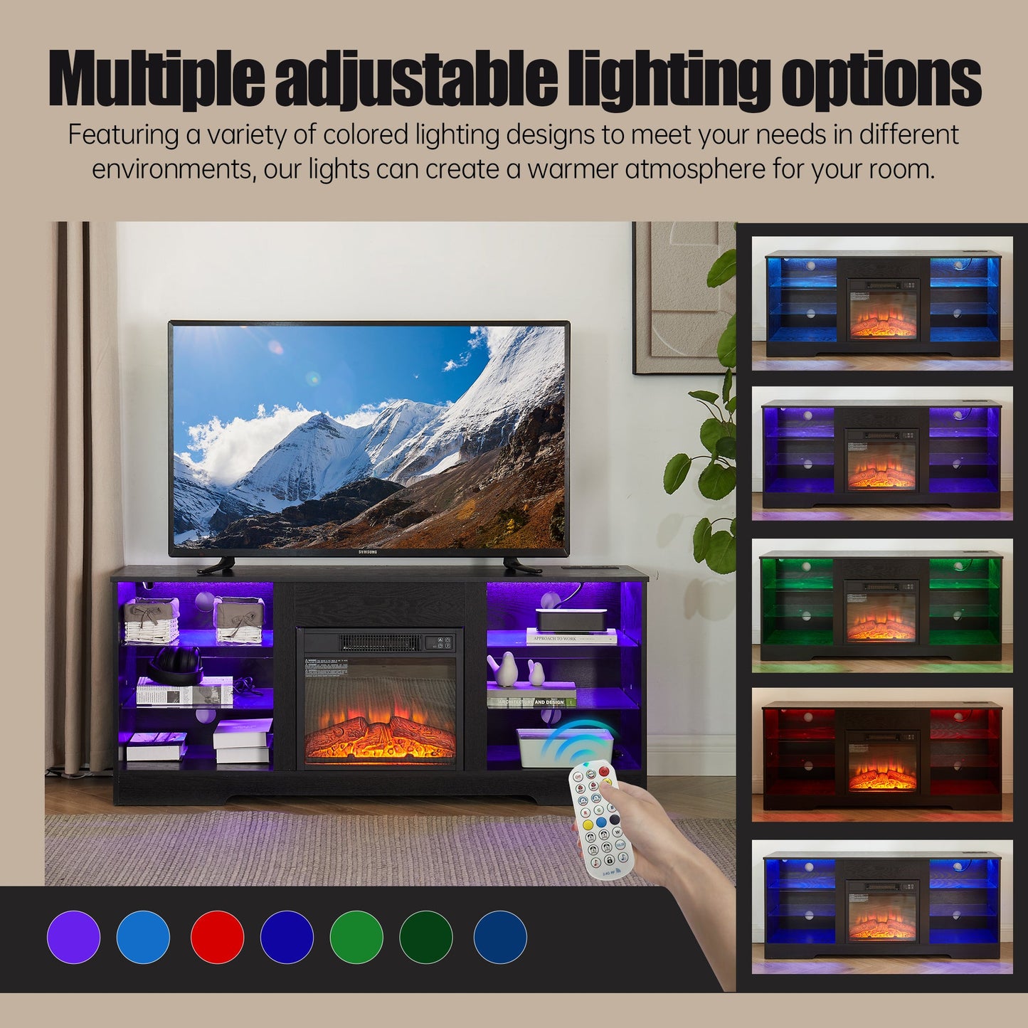 TV Stand Electric Fireplace TV Stand with Glass Shelves, 3D Fireplace TV Stand with LED Lights Wood with USB Charging Outlet Modern Television Table Center for TV up to 32-62' Black 58''W*15.4''D*24.4